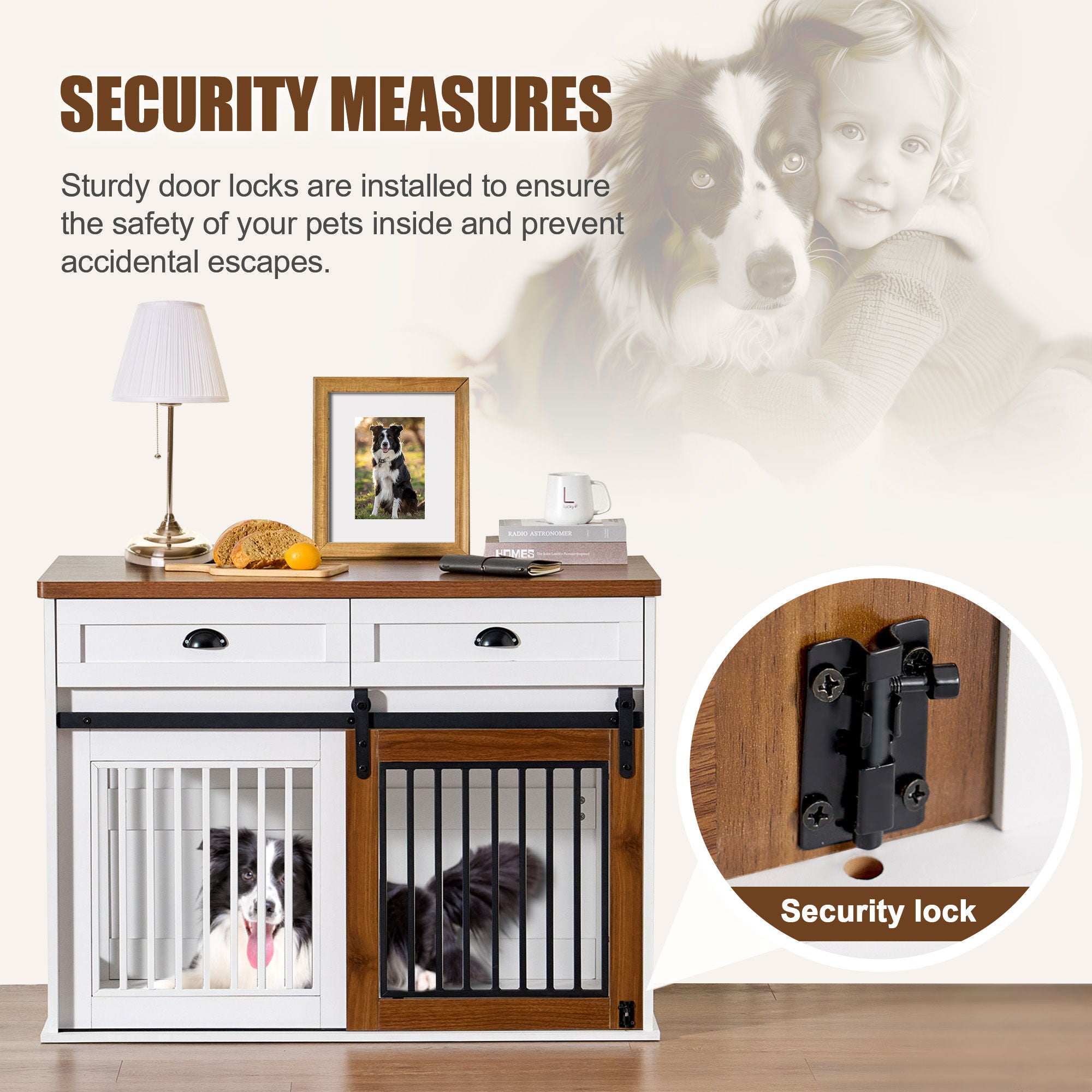 Heavy Duty Furniture Style Dog Cage Wooden Dog Cage Double Door Dog Cage Side Cabinet Dog Cage Dog Crate - Walnut / White