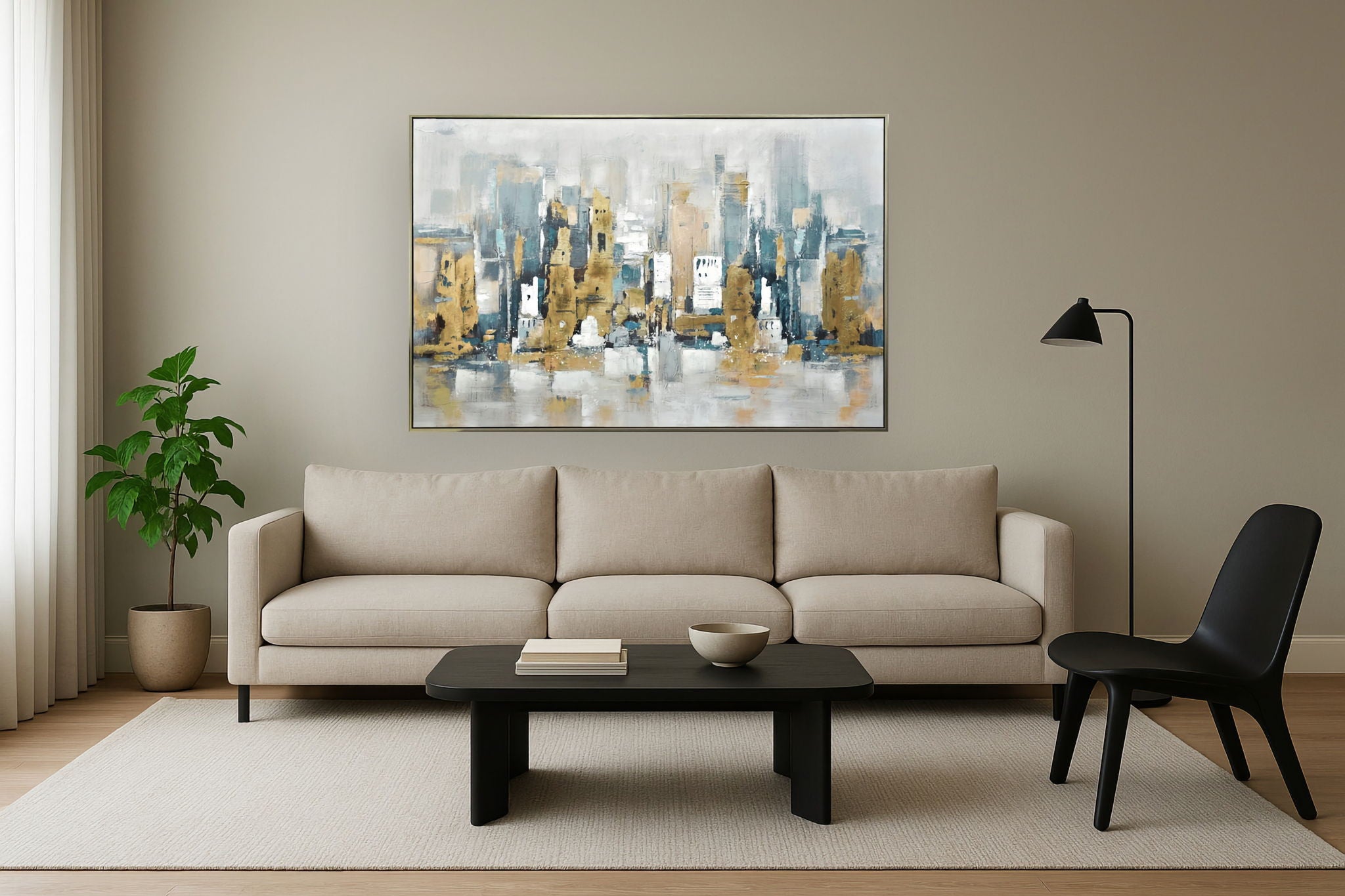 Urban Gold Reflection - 39" x 59" Framed Wall Art - Gold