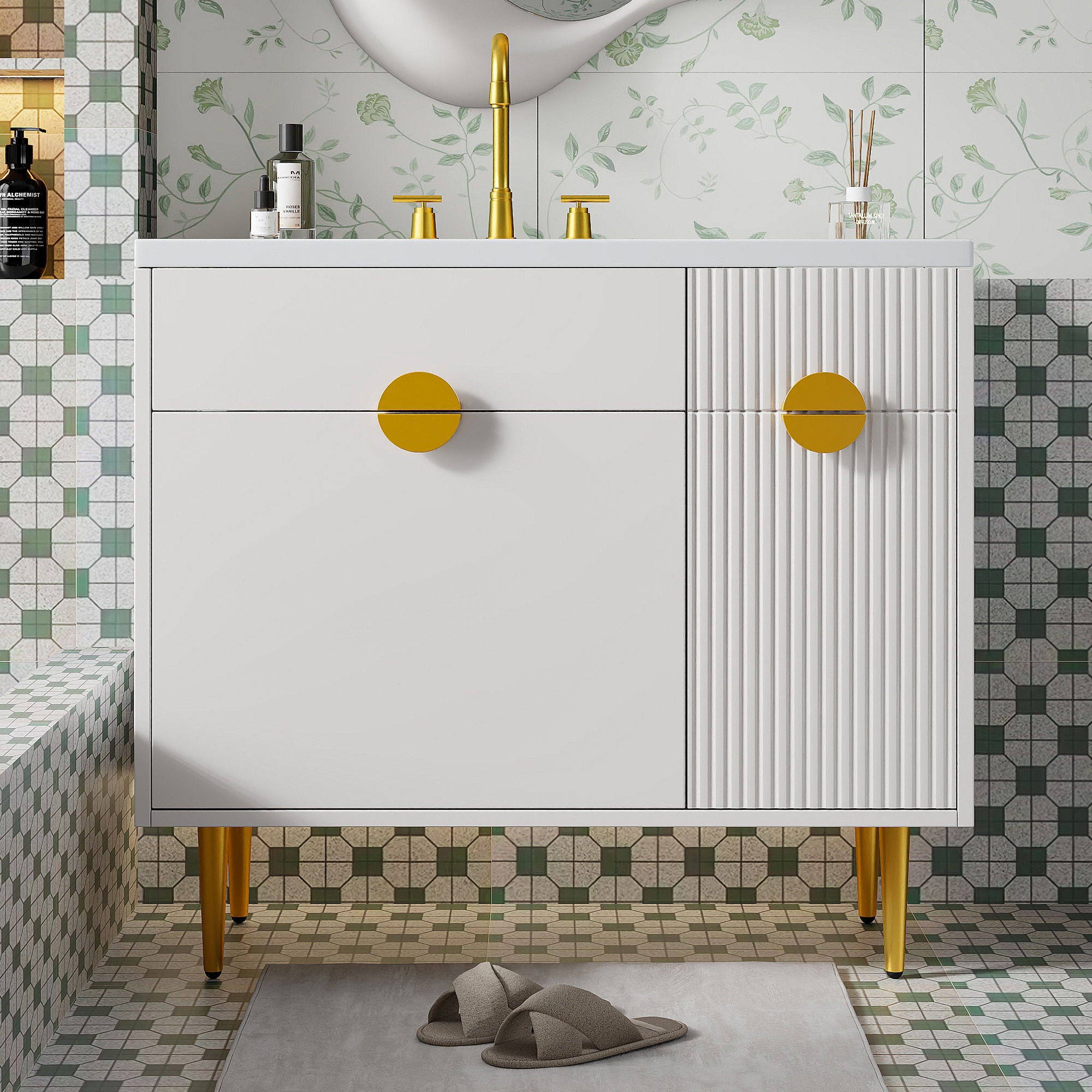 Bathroom Vanity With Sink, Storage Cabinet Soft Closing Door And Drop Down Compartment - White