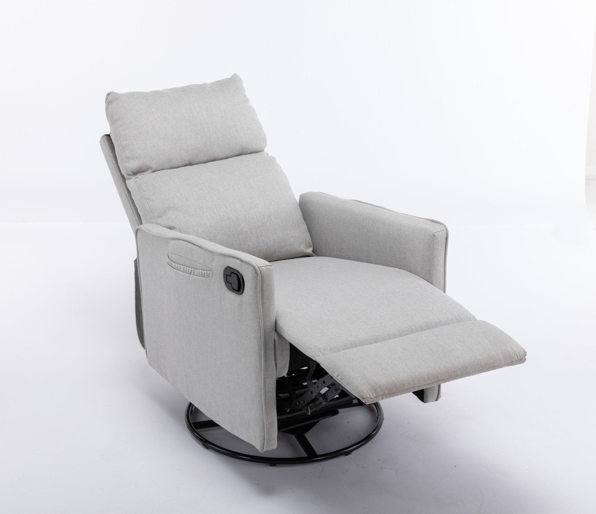 038-Cotton Linen Fabric Swivel Rocking Chair Glider Rocker Recliner Nursery Chair With Adjustable Back And Footrest For Living Room Indoor,Light Gray