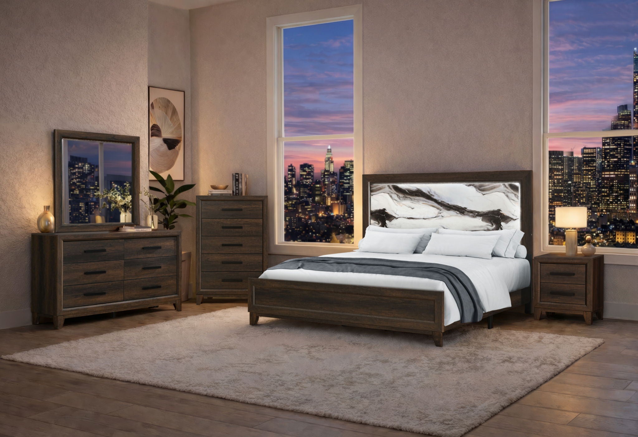 Harmony - 5 Piece Twin Bedroom Set (Bed, Dresser & Mirror, Nightstand, Chest) - Dark Brown