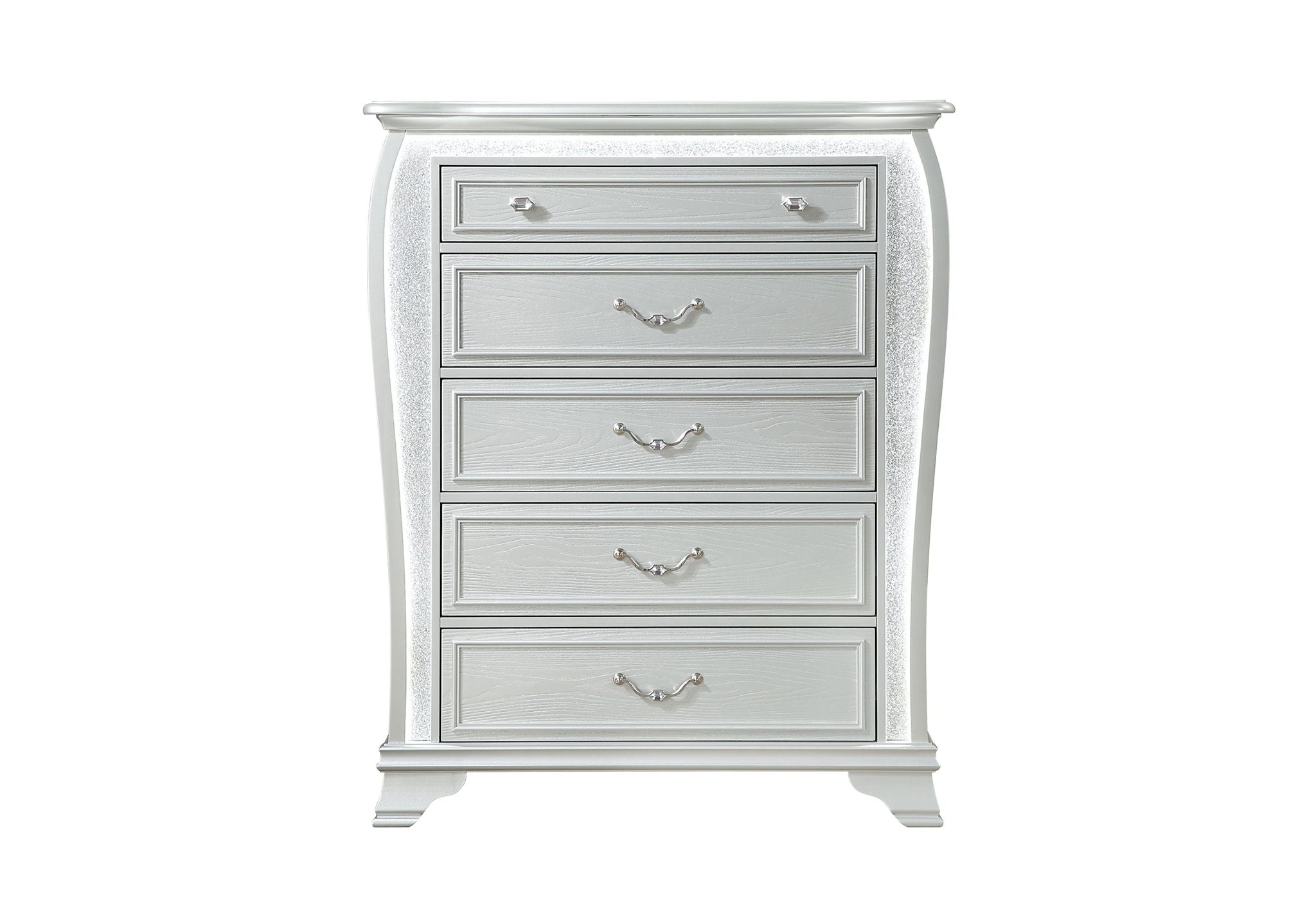 Aria - 5 Piece Queen Bedroom Set (Bed, Dresser & Mirror, Nightstand, Chest) - Silver