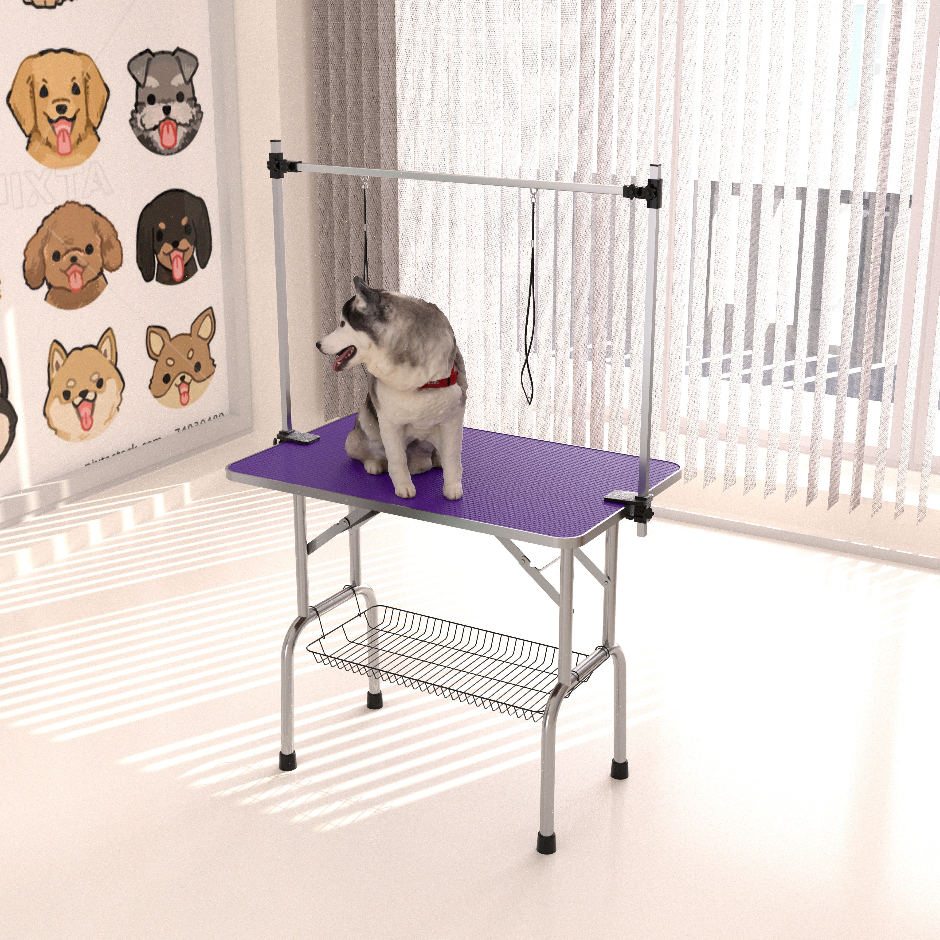 Folding Dog Pet Grooming Table Stainless Steel Frame Rubber Mat On Board With Adjustable Arm And Clamps Pet Dog Cat Grooming Table