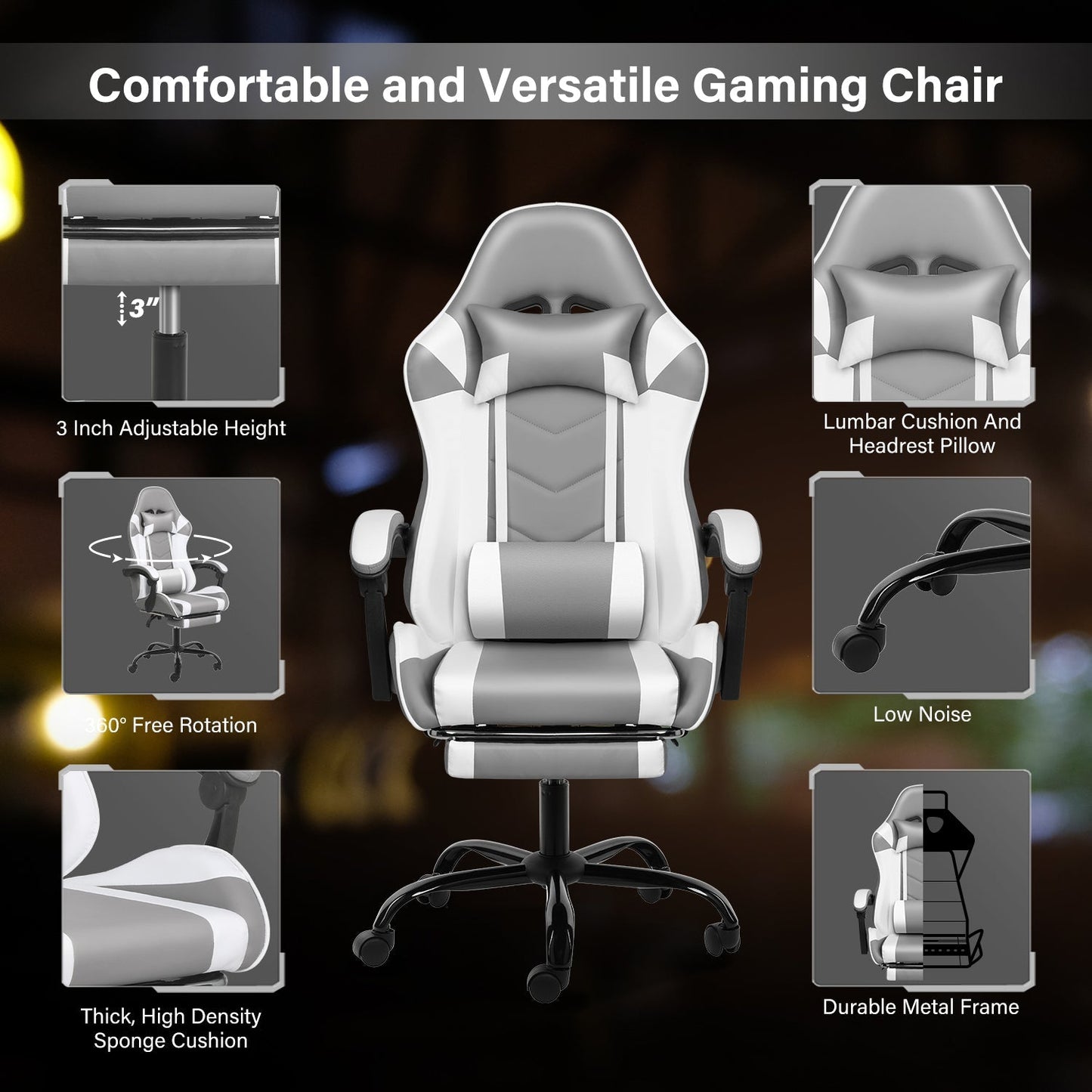 YSSOA Racing Video Backrest and Seat Height Recliner Gaming Office High Back Computer Ergonomic Adjustable Swivel Chair, With footrest, Grey/White