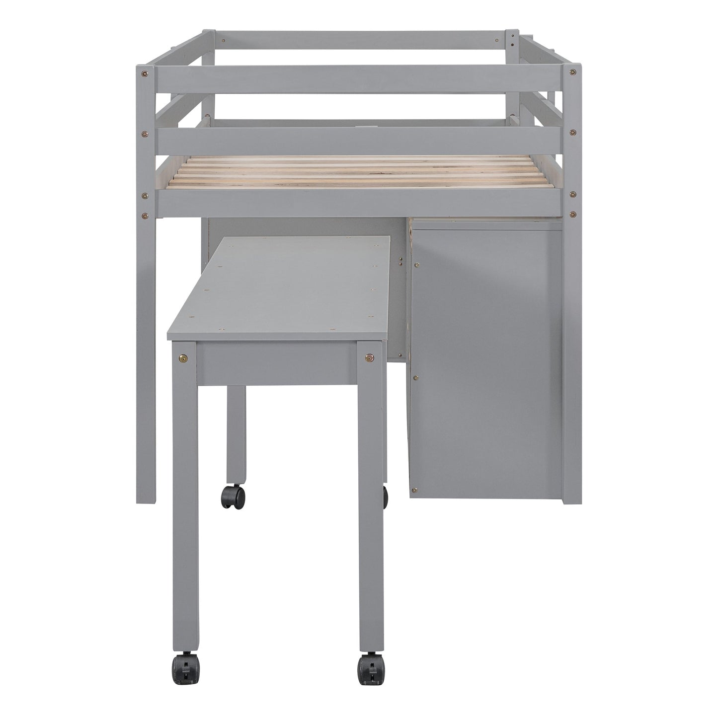 Twin Size Loft Bed with Retractable Writing Desk and 4 Drawers, Wooden Loft Bed with Lateral Portable Desk and Shelves, Gray