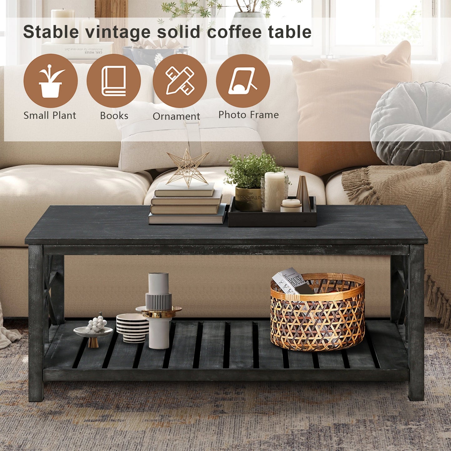 52''W  Handcrafted Coffee Table In Front Of The Sofa Or Loveseat For Living Room(Antique Black Color)