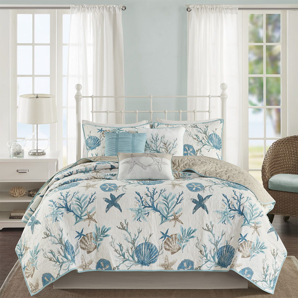 Pebble Beach - 6 Piece Cotton Sateen Quilt Set With Throw Pillows - Aqua