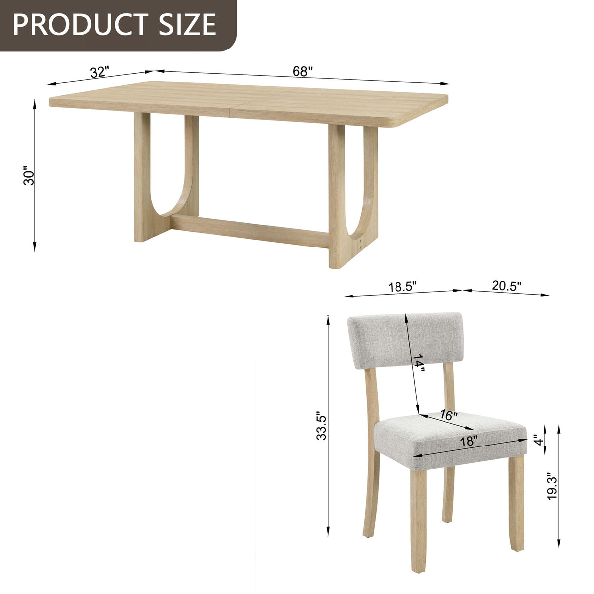 7 Piece Dining Table Set For 6, Rectangular Table & 6 Upholstered Chairs, Sturdy U - Shaped Base For Dining Room - Light Oak