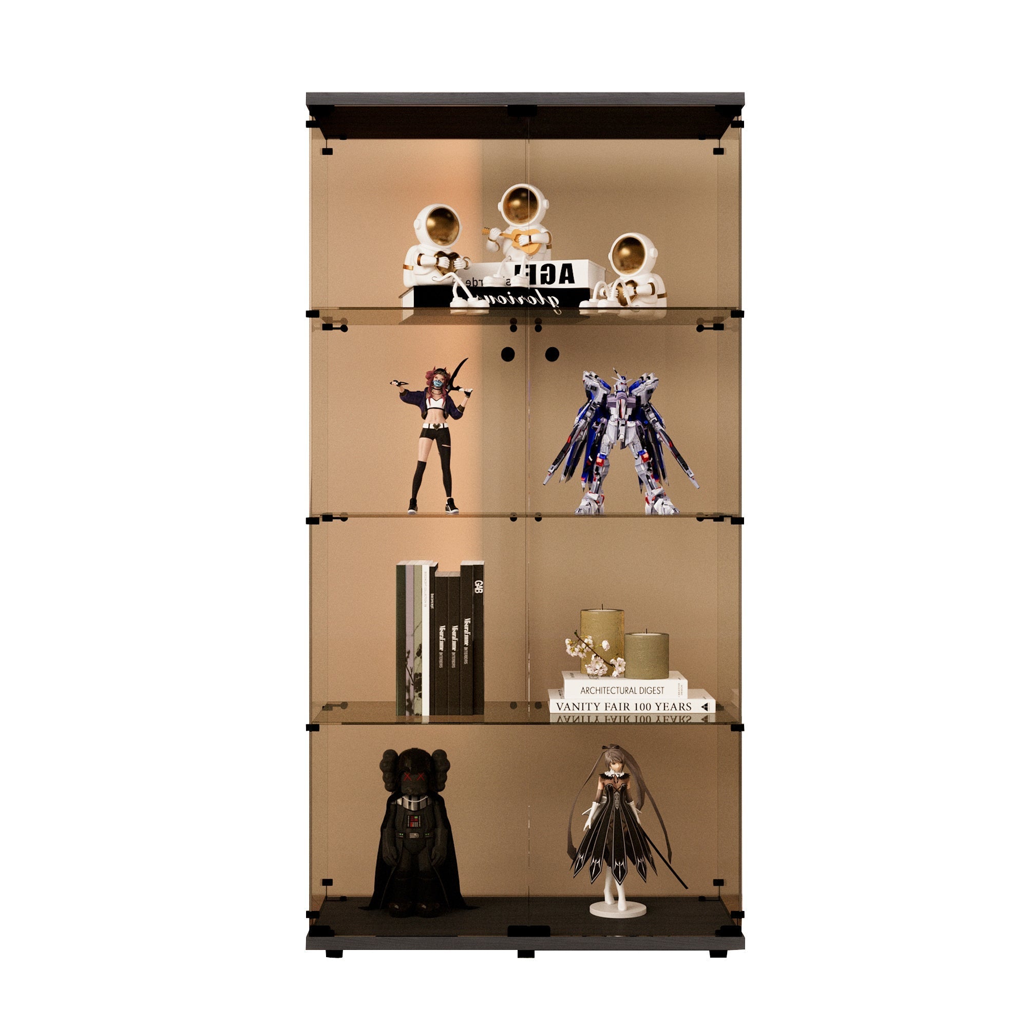 Two-door  Tawny  Glass Display Cabinet 4 Shelves with Door, Floor Standing Curio Bookshelf for Living Room Bedroom Office,  64.7"*31.7"*14.3",Black