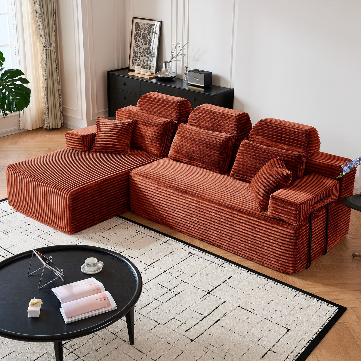 Sectional Sleeper Sofa & Storage Pockets, Modular Couch With Throw Pillows For Living Room