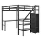 Full Size Loft Bed with L-shaped Desk and USB, Metal Loft Bed with Wardrobe and Adjustable Shelf, High Loft Bed with LED for Kids Teens Adults, Black