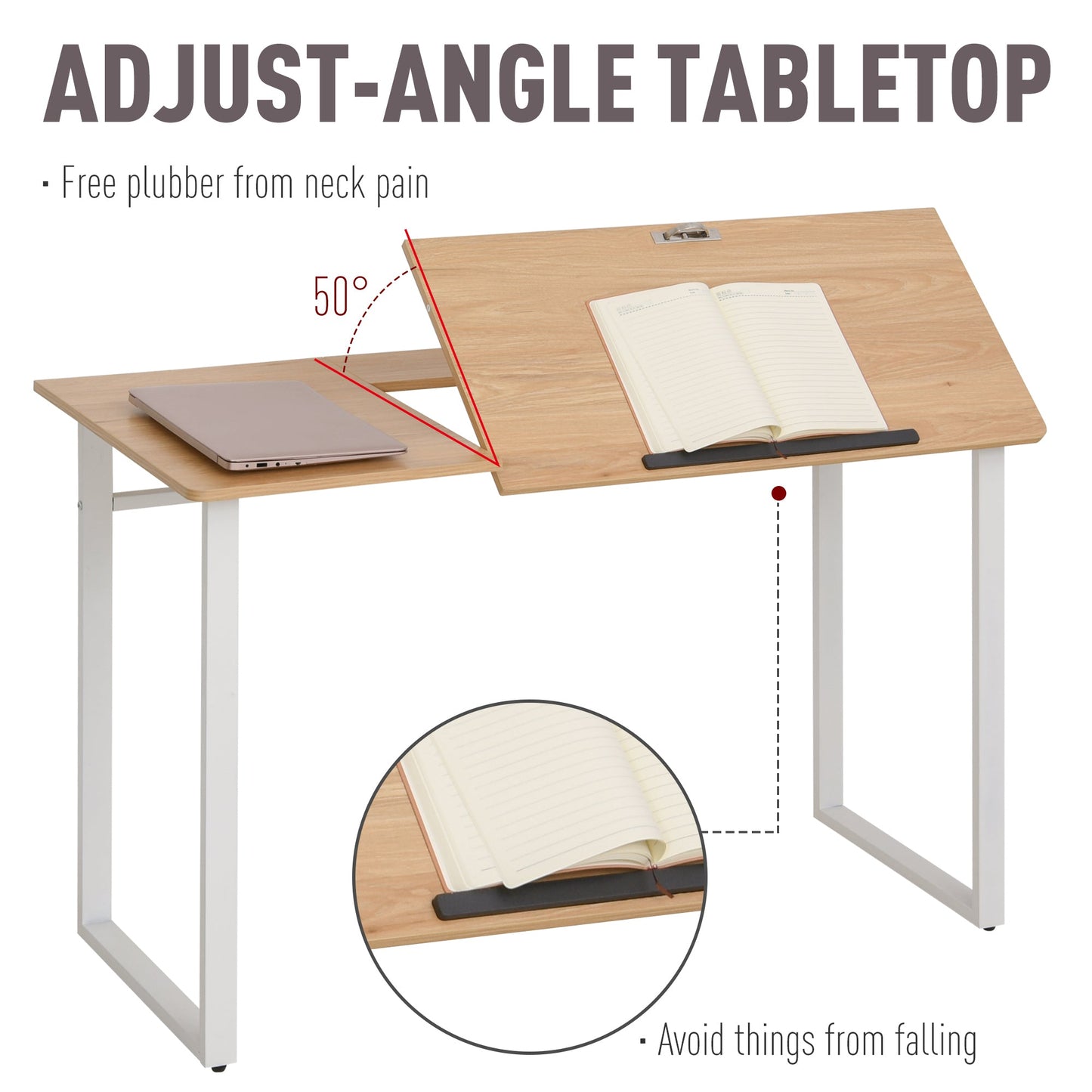 HOMCOM Modern Drafting Drawing Table with Adjustable Tiltable Tabletop, Writing Office Desk Artist Workstation, Oak