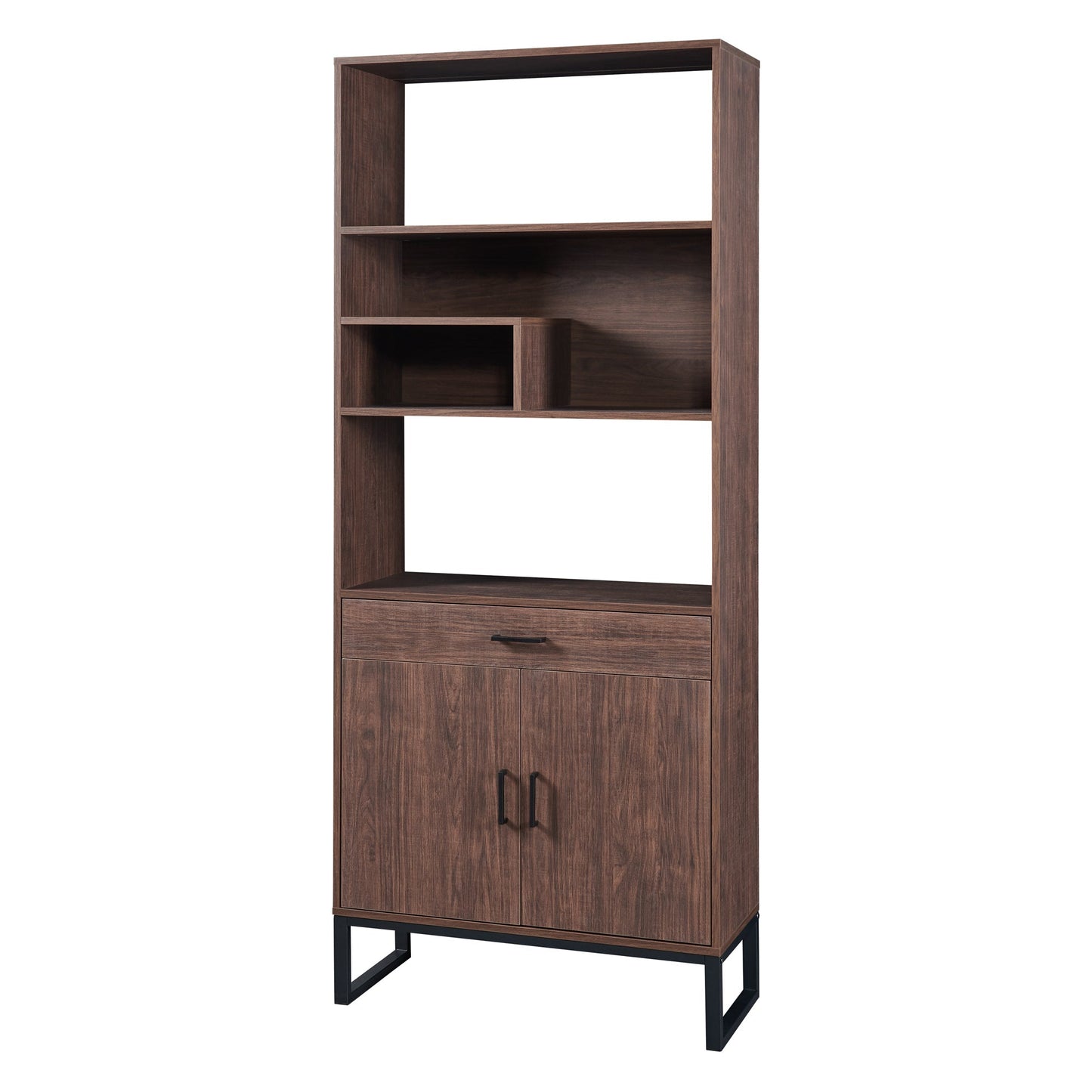 75.9"Modern Open Bookshelf Suite with Doors, Bookcase Suite with Storage drawers and LED Strip Lights,Free Standing Display Rack,Wooden Tall Bookshelf Suite for Living Room and Office, Walnut