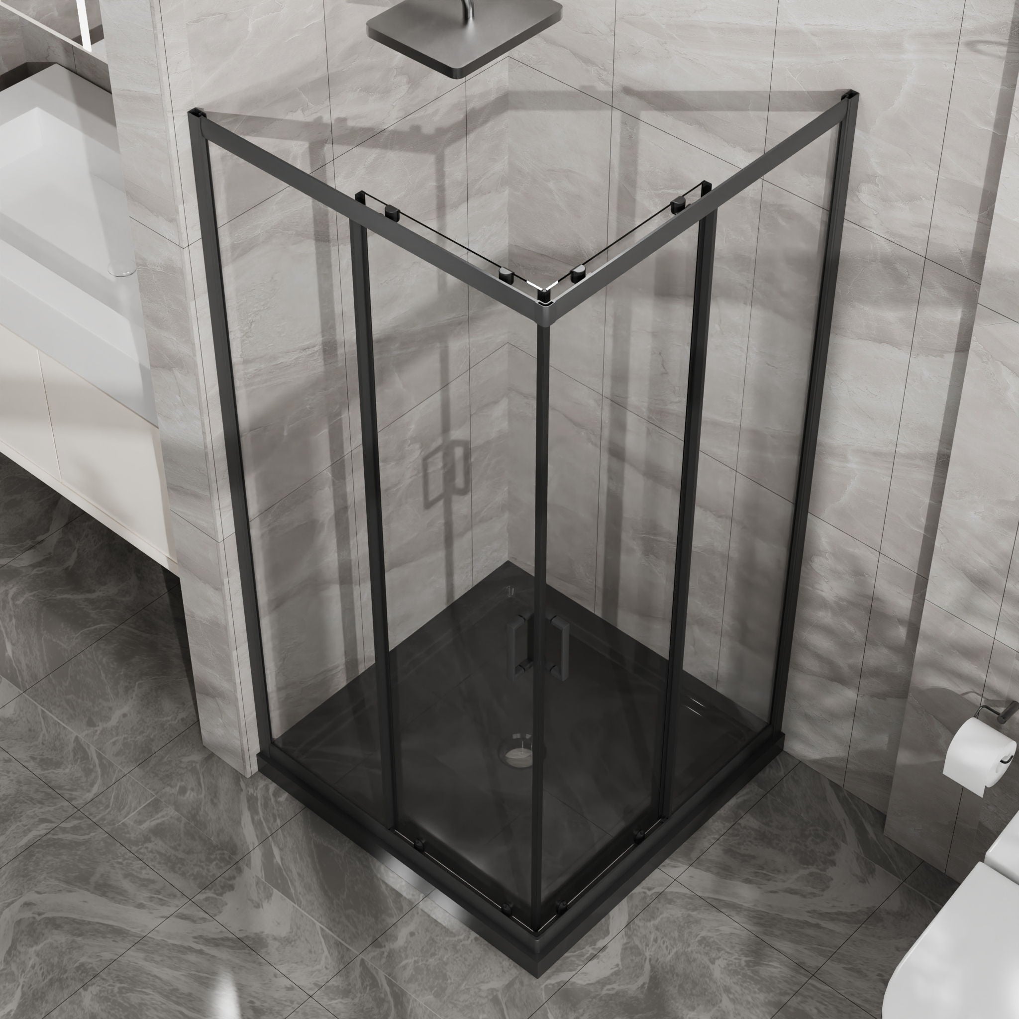 Corner Shower Enclosure, Sliding Door - Matte Black