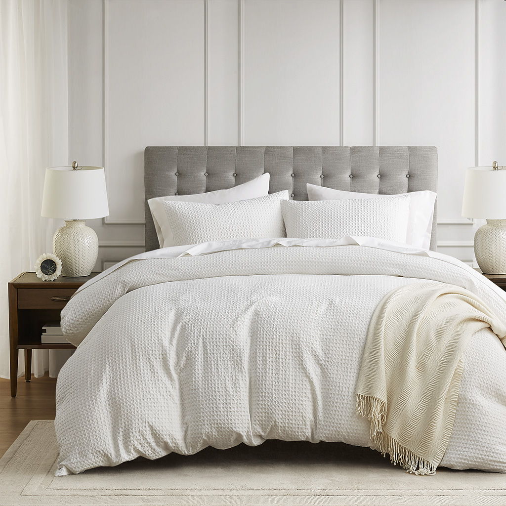 Mina - Full/Queen Waffle Weave Textured Duvet Cover Set - White