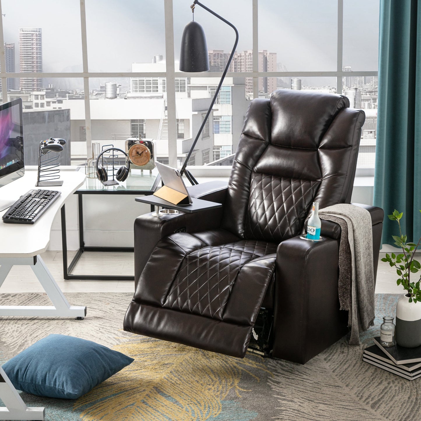 Motion Recliner with USB Charging Port and Hidden Arm Storage, Home Theater Seating with 2 Convenient Cup Holders Design and 360° Swivel Tray Table (old sku: SG000440AAA)