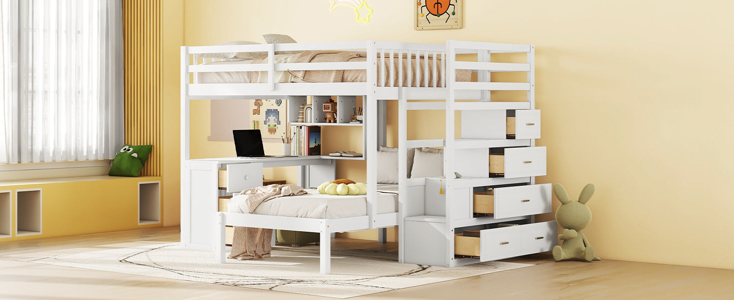 Full Over Twin Bunk Bed with Desk, Drawers and Shelves, White