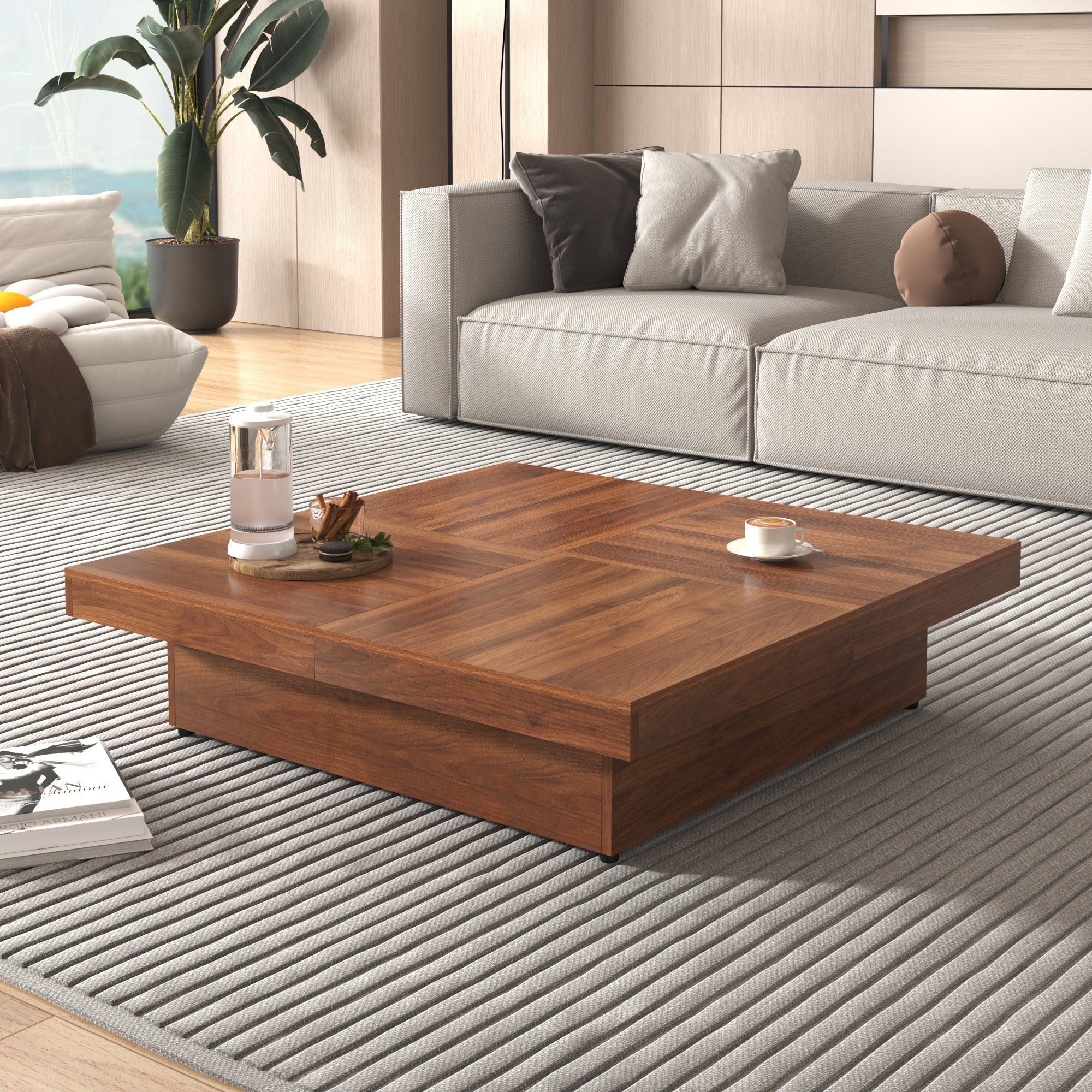 Square Marble Veneer Coffee Table Sliding Top with Storage in Walnut 39.4''