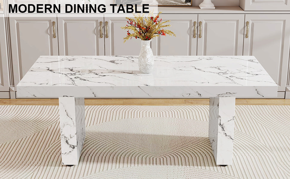 Modern rectangular dining table, office desk. MDF material. The white kitchen dining table has patterns and is suitable for 8-10 people.