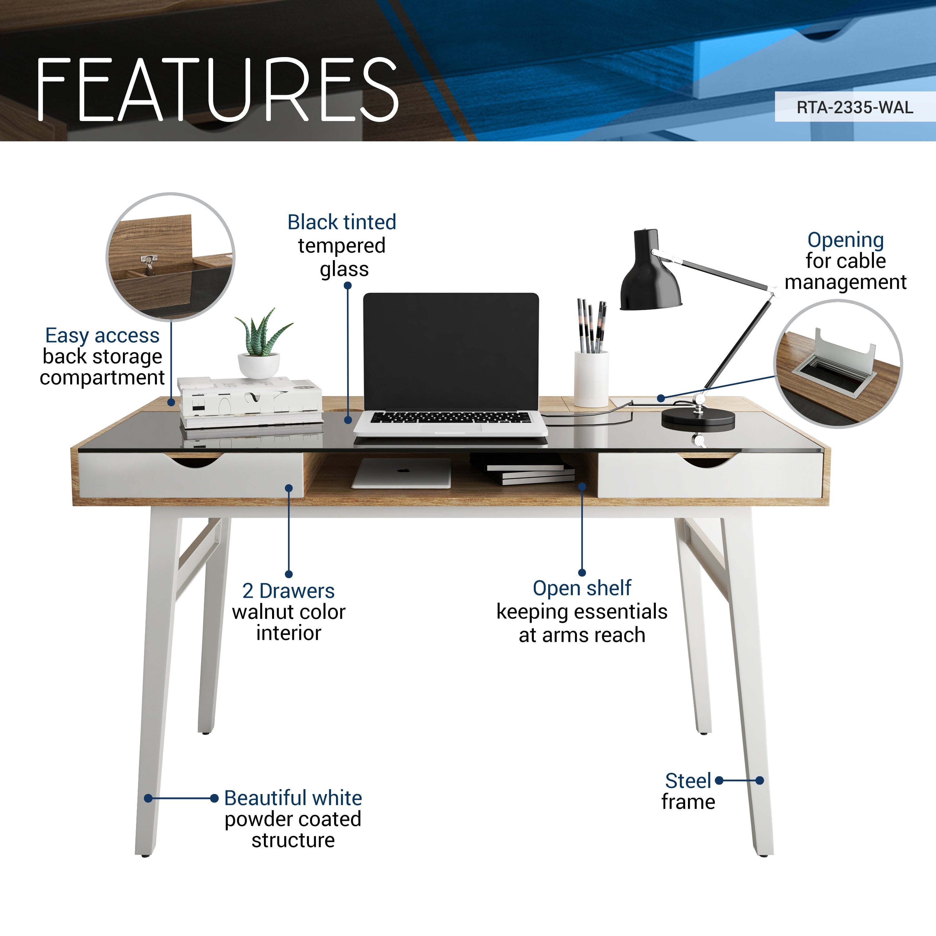 Techni Mobili Compact Computer Desk with Multiple Storage, Walnut