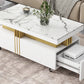 Contemporary Coffee Table with Faux Marble Top, Rectangle Cocktail Table with Caster Wheels, Moderate Luxury Center Table with Gold Metal Bars for Living Room, White