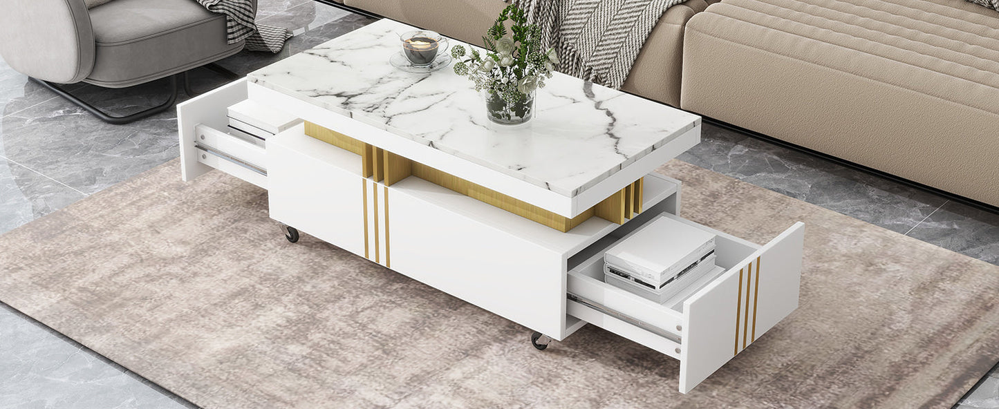 Contemporary Coffee Table with Faux Marble Top, Rectangle Cocktail Table with Caster Wheels, Moderate Luxury Center Table with Gold Metal Bars for Living Room, White