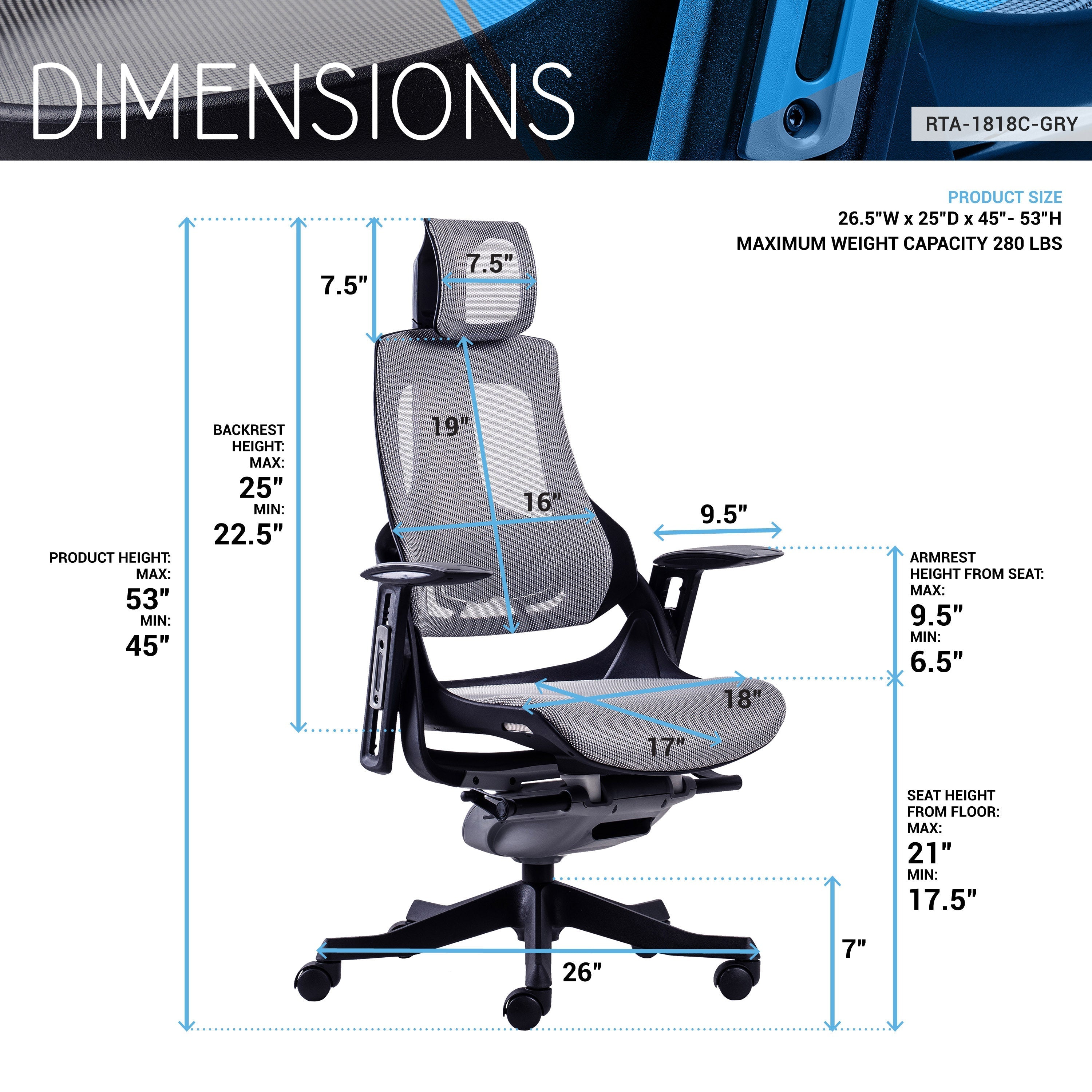 Techni Mobili LUX Ergonomic Executive Chair, Grey