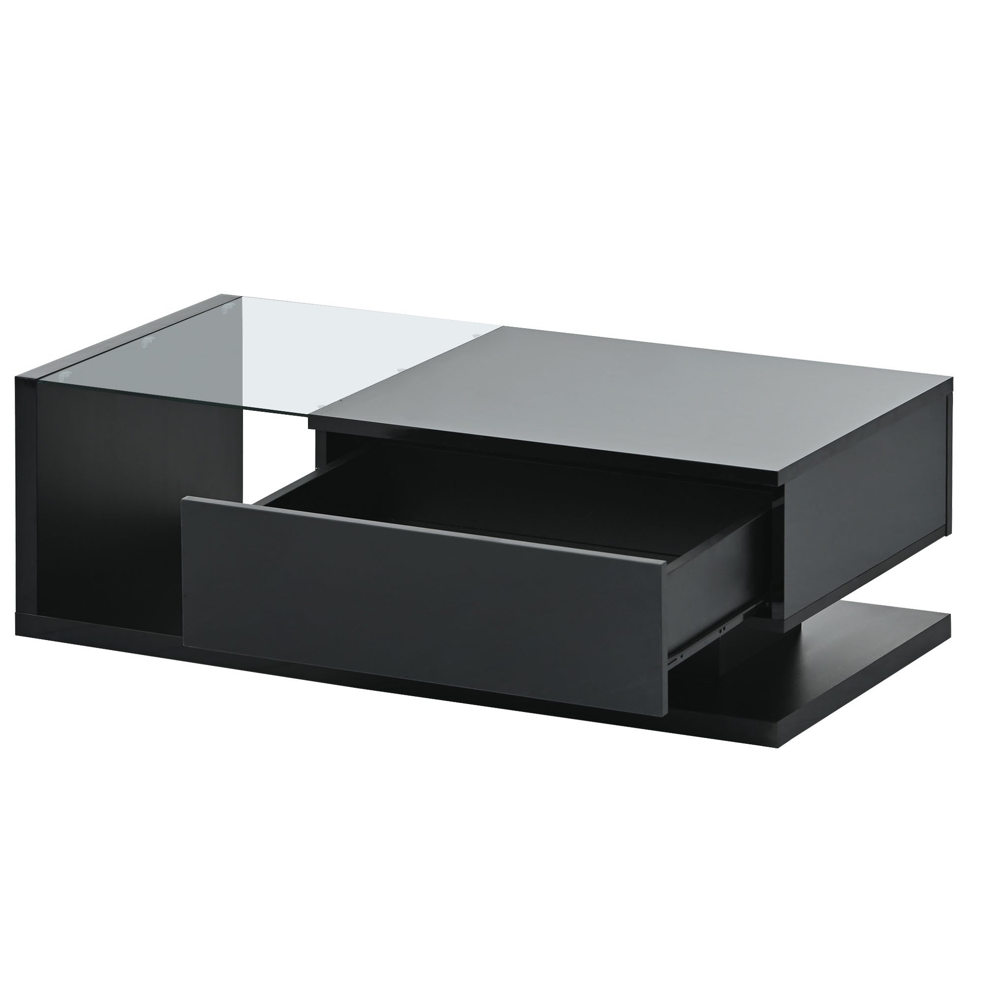 Modern Coffee Table with Tempered Glass, Wooden Cocktail Table with High-gloss UV Surface, Modernist 2-Tier Rectangle Center Table for Living Room, Black