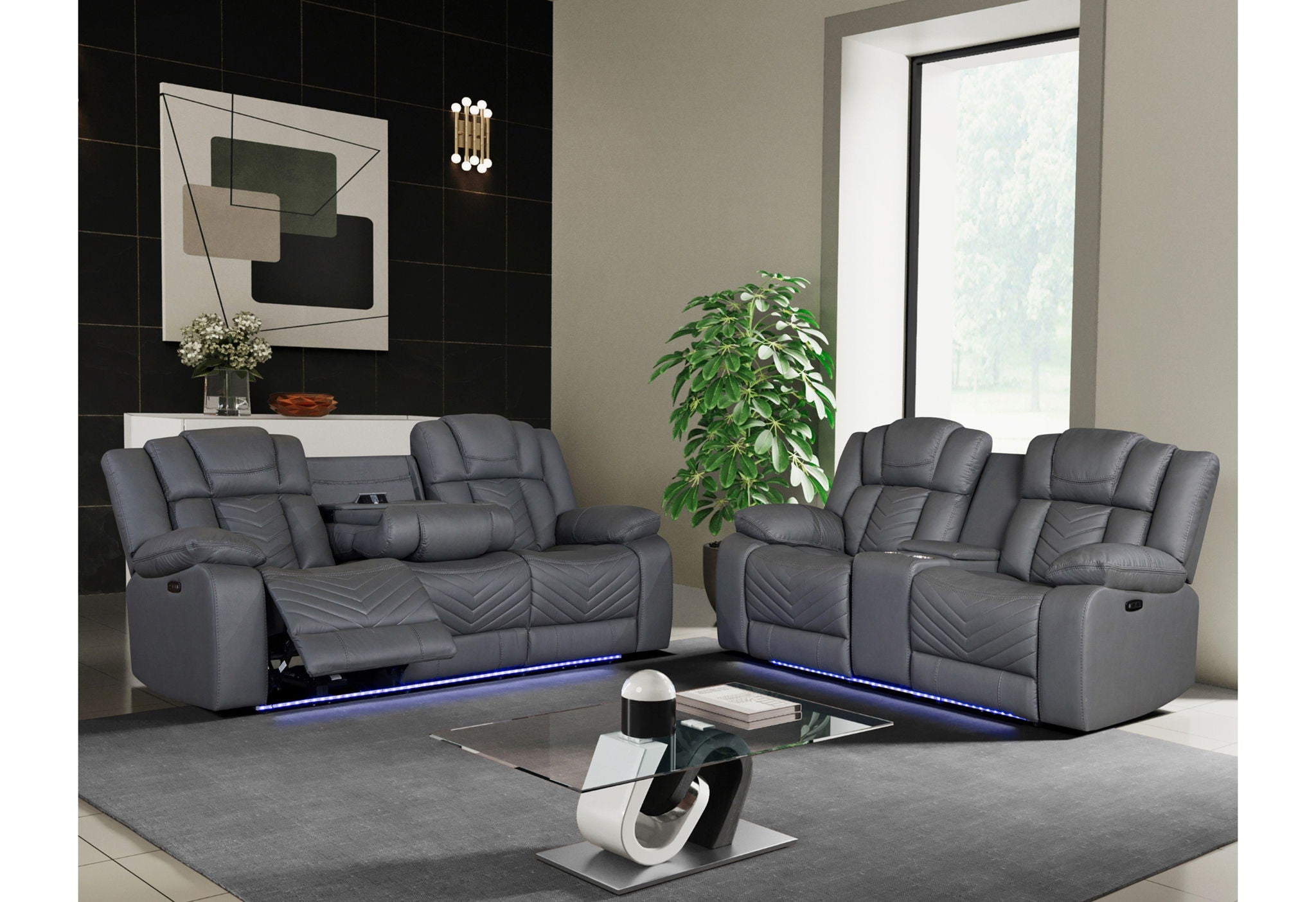 U7069 - Power Reclining Sofa/Power Console Reclining Loveseat With LED And Immersive Sound - Gray