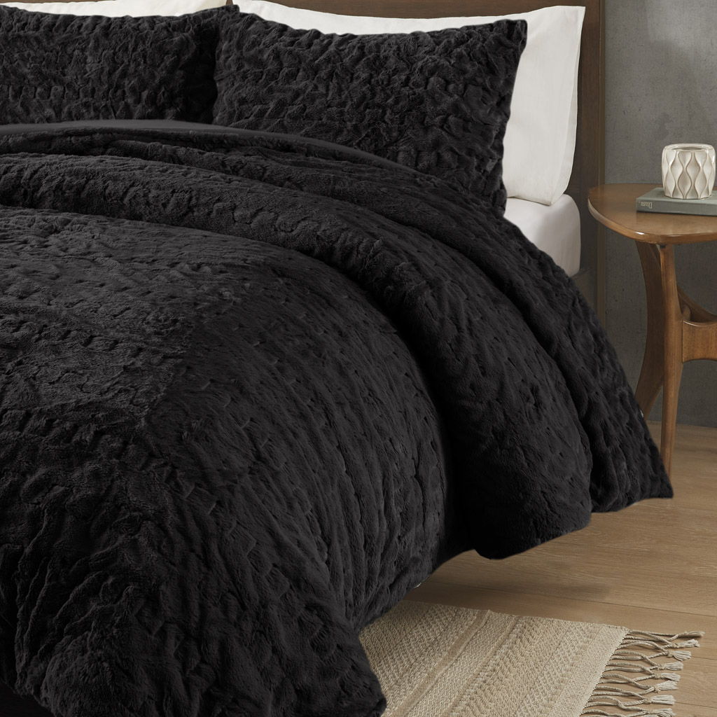 Blair - Ruched Fur Down Alternative King Comforter Set - Black
