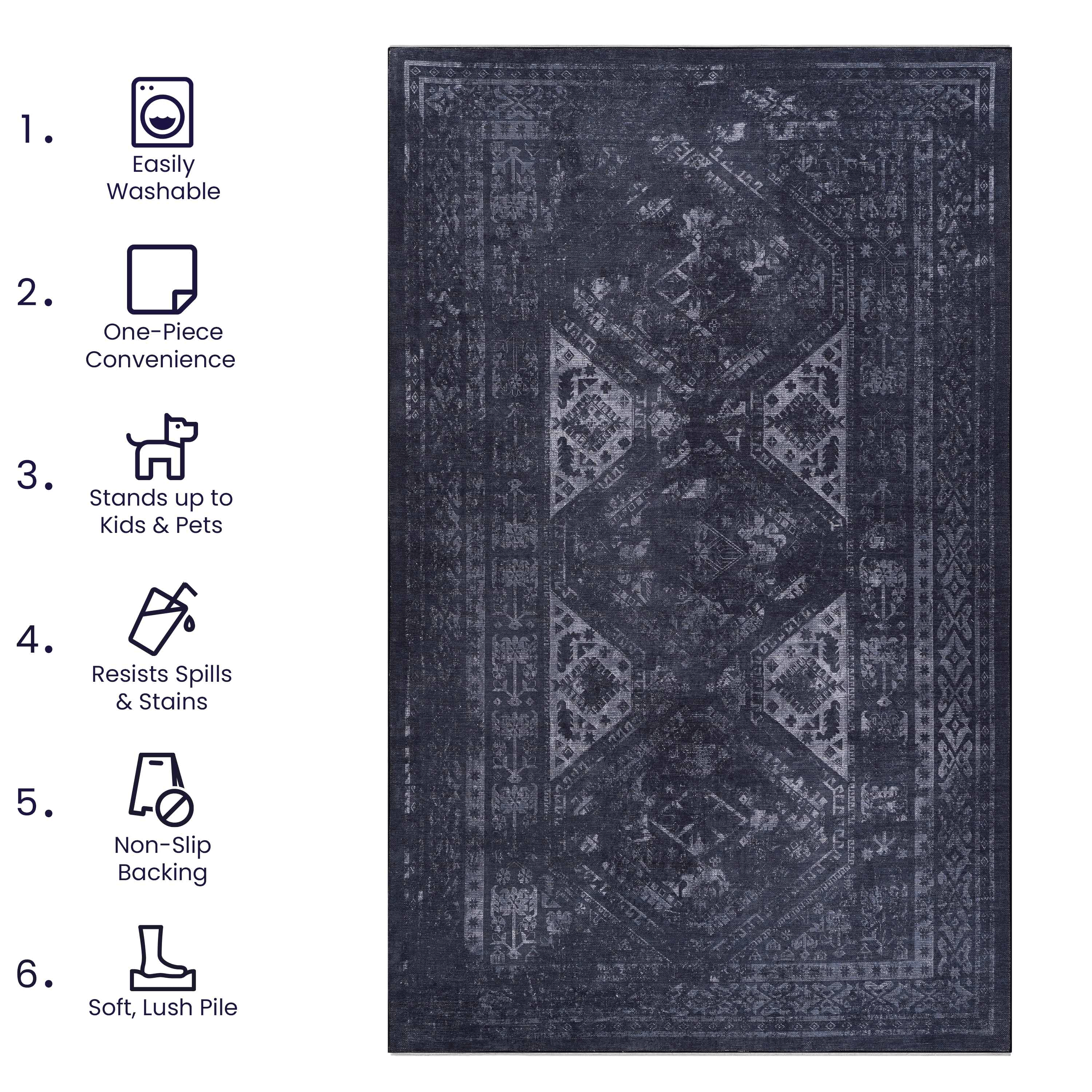Naar Area Rugs 8x10 for Living Room, Washable Rug, Low-Pile, Non-Slip, Non-Shedding, Foldable, Kid & Pet Friendly - Area Rugs for living room, bedroom, kitchen, dining room, (Black+ Gray, 8' x 10')