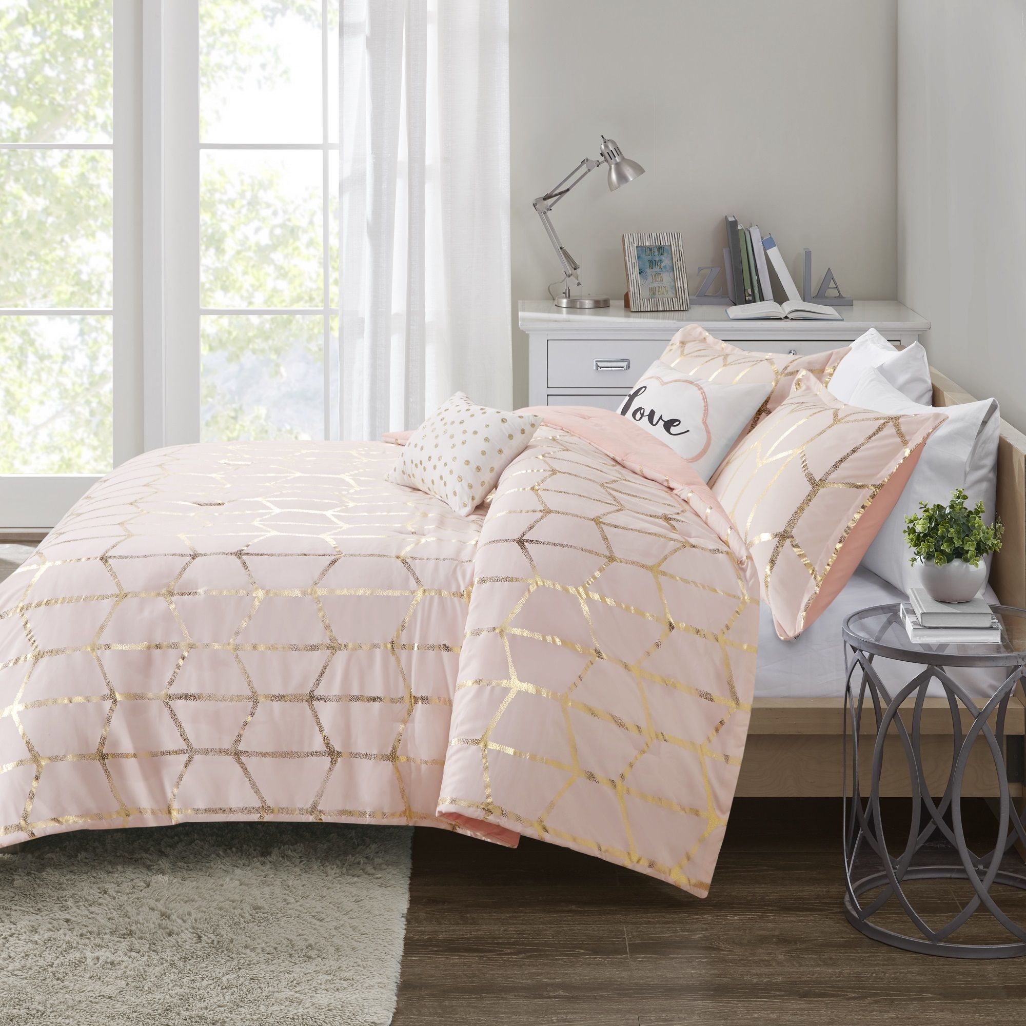 Raina - Polyester Brushed Microfiber Printed Comforter Set - Blush / Gold
