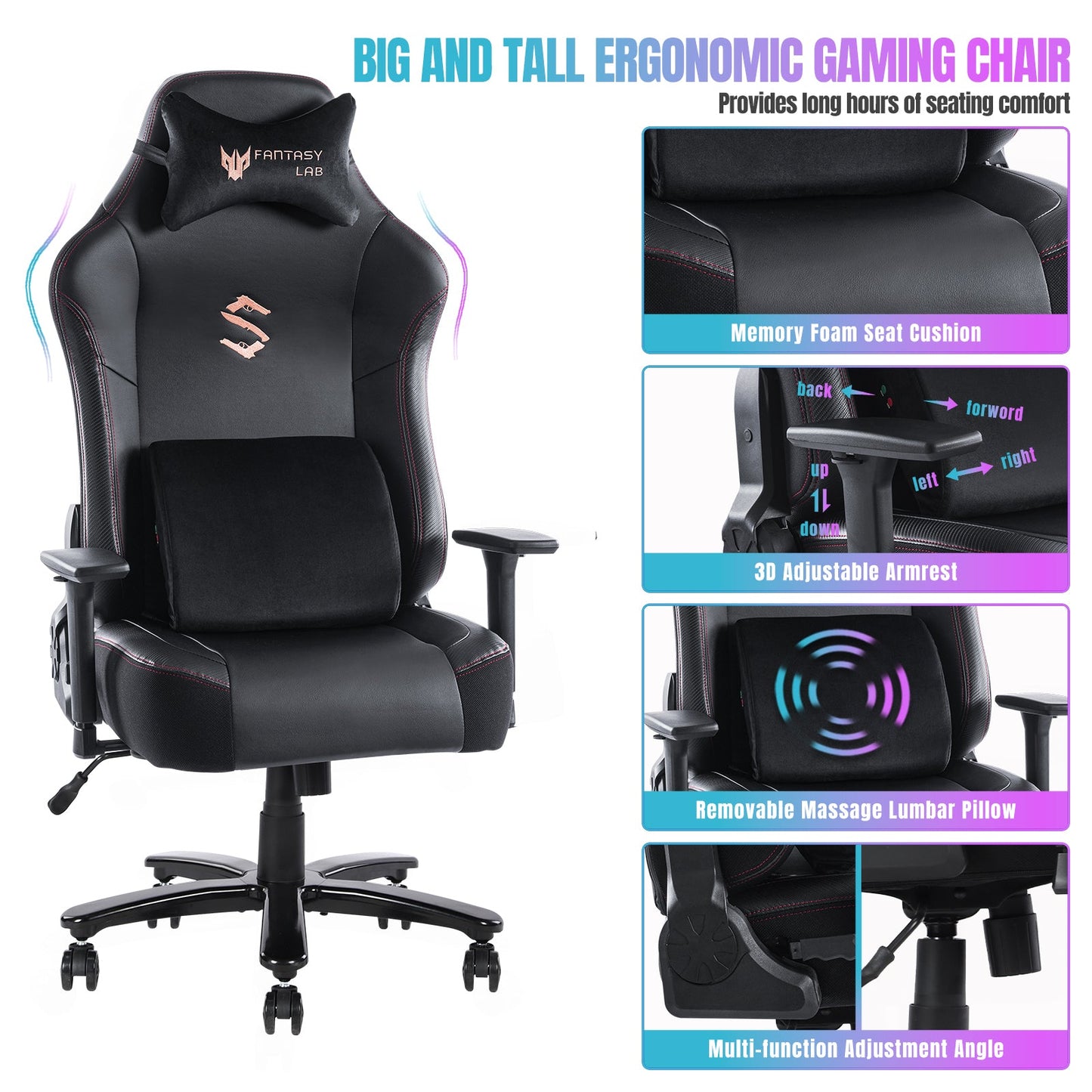 Big and Tall Gaming Chair 400lbs Gaming Chair with Massage Lumbar Pillow, Headrest, 3D Armrest, Metal Base, PU Leather