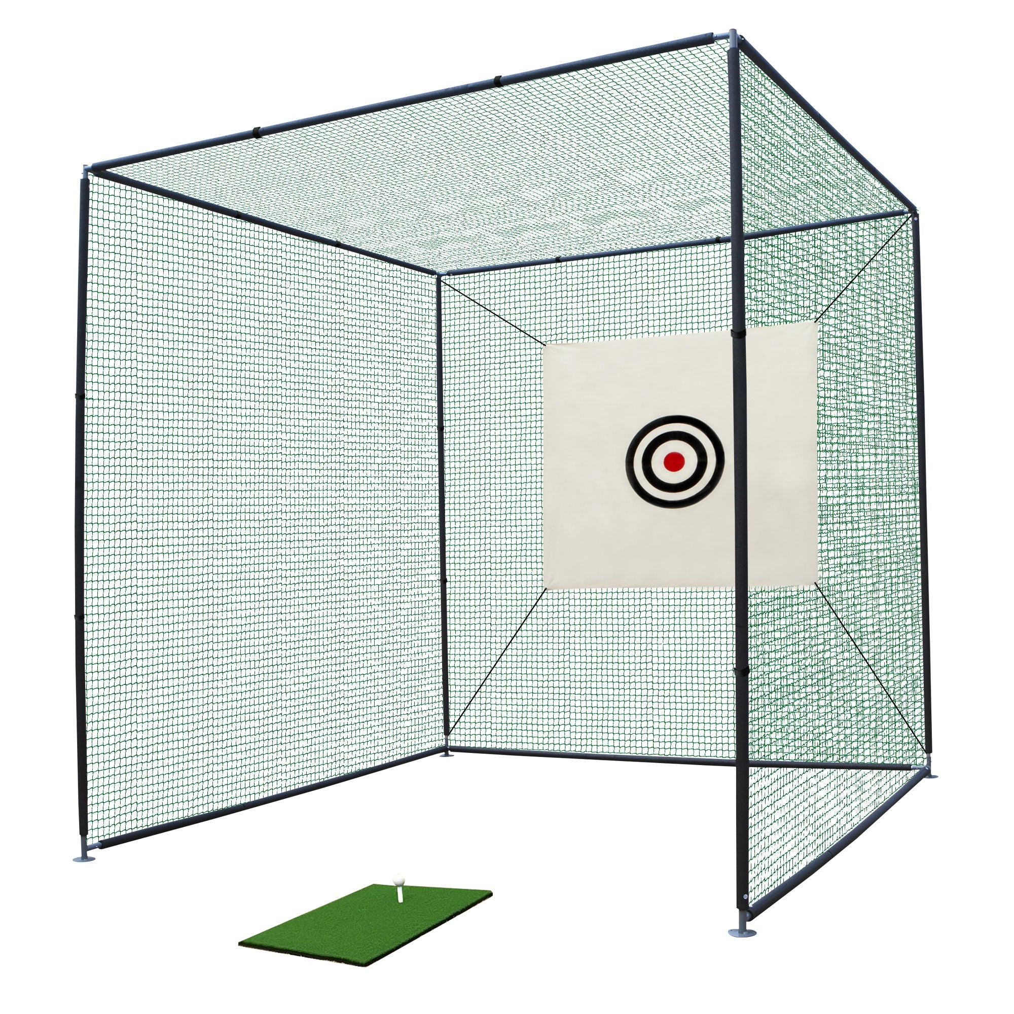 Golf Practice Net Cage With Metal Frame Hitting Net Kit Indoor Outdoor - Black