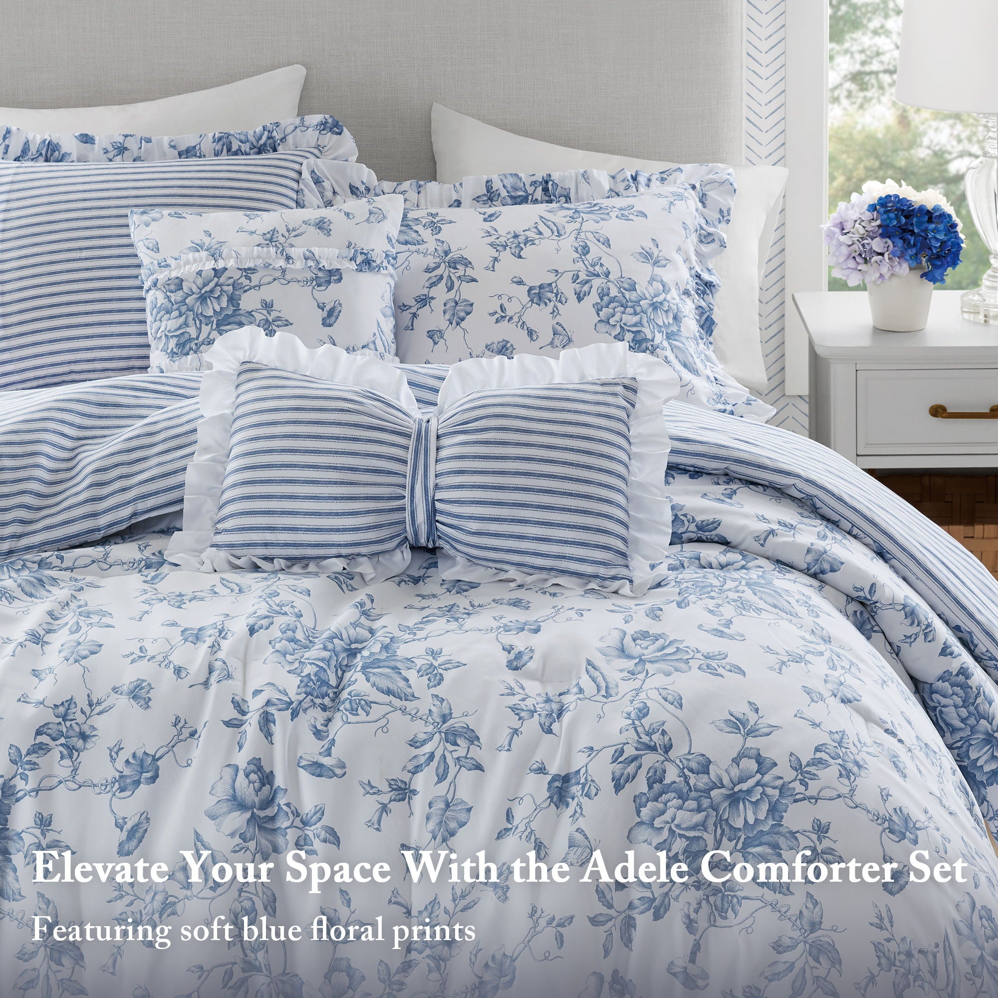 Adele - Twin/Twin Long 4 Pieces Comforter Set With Decorative Pillows - Blue