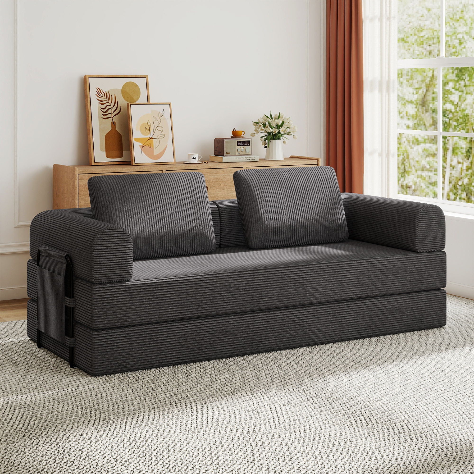 Convertible Sleeper Sofa Bed With Cylindrical Pillow, Fixed Shape Frame