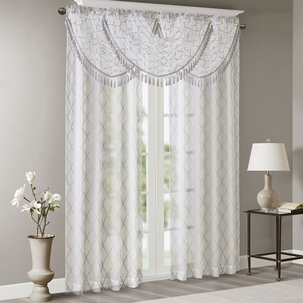 Irina - Diamond Sheer Embroidered Waterfall Valance - White / Gray