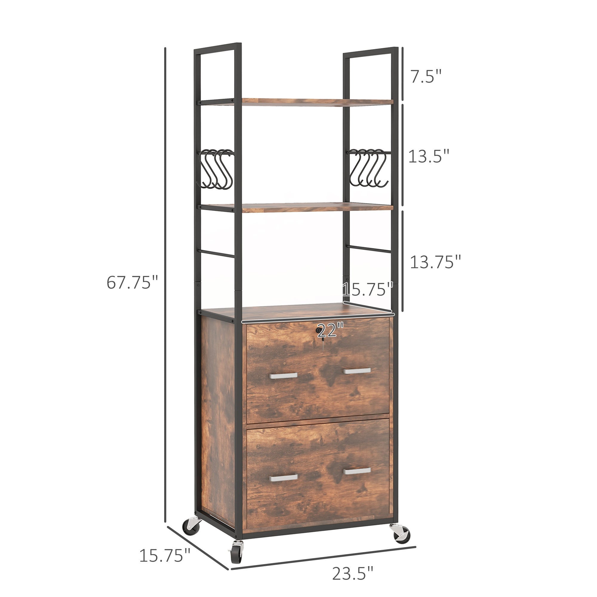 Vinsetto 2 Drawer Mobile File Cabinet with Lock & Hanging Bar, Rustic Brown