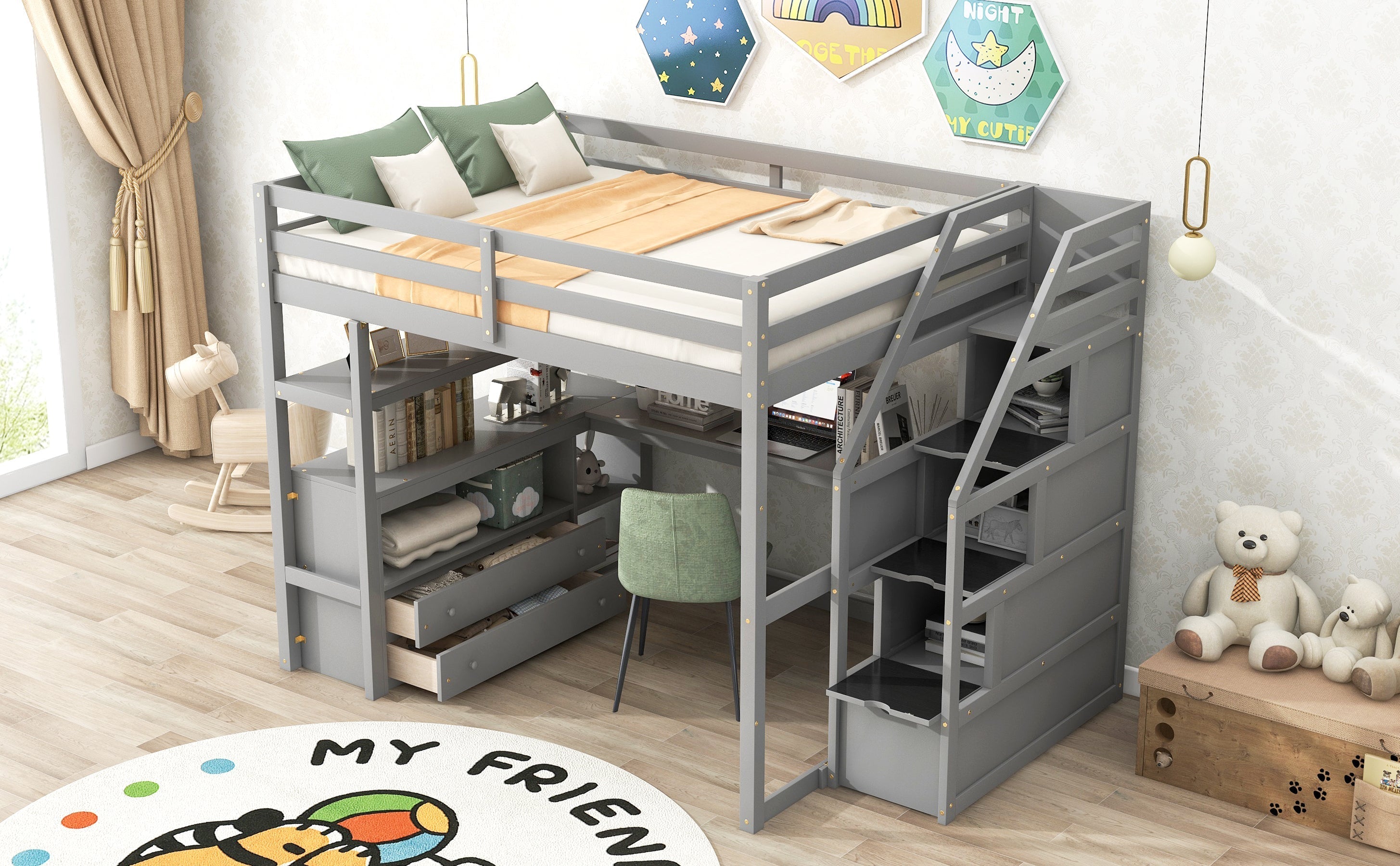 Full Size Loft Bed with Desk and Shelves, Two Built-in Drawers, Storage Staircase, Gray