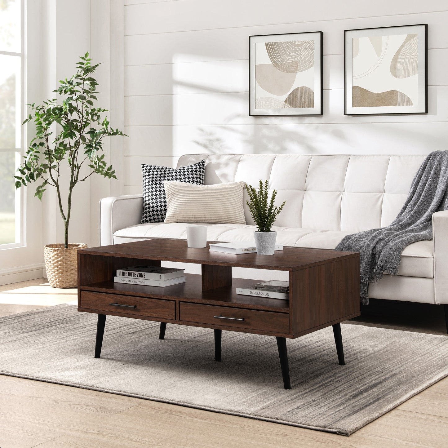 Contemporary 2-Drawer Low Coffee Table – Dark Walnut