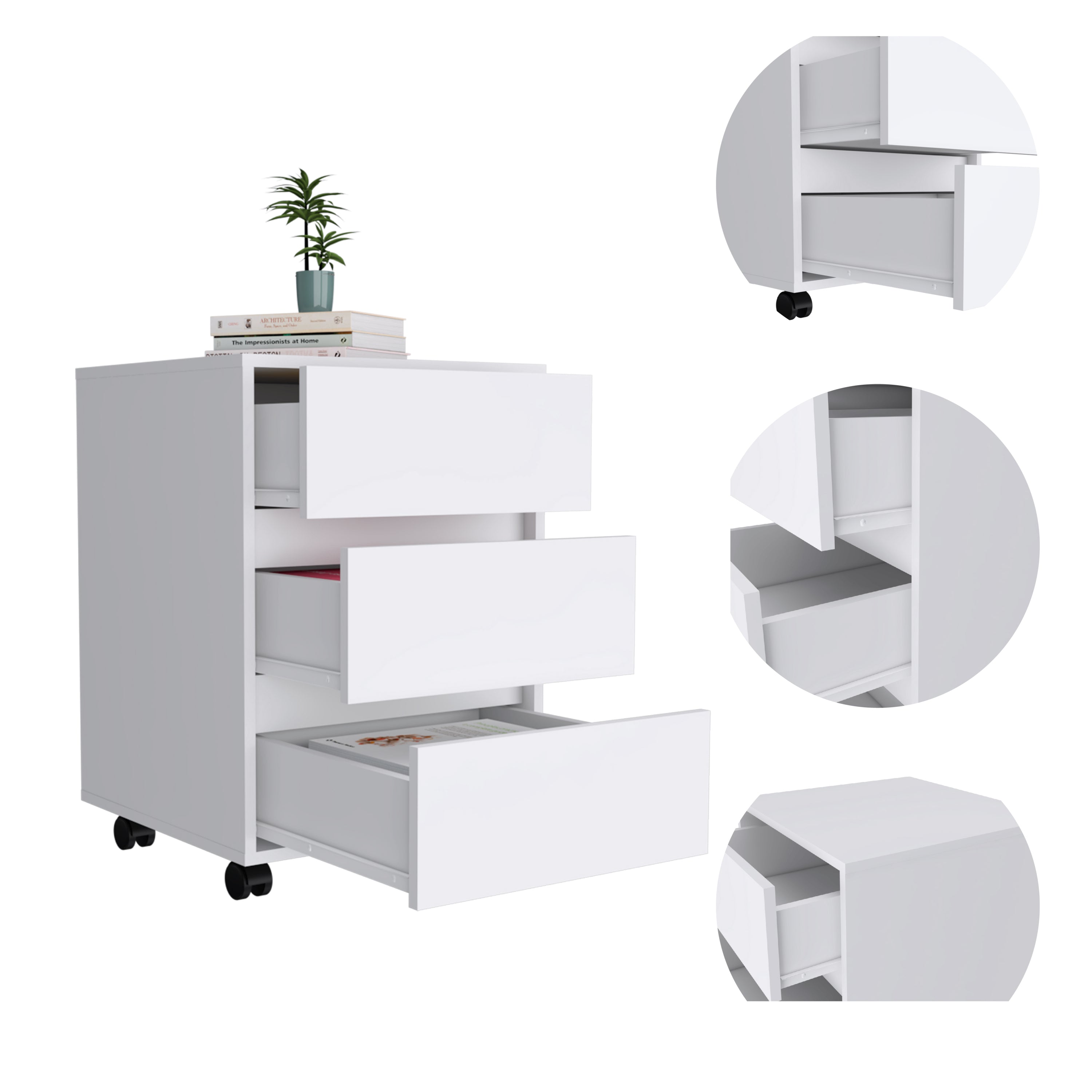 Artemisa 3 Drawer Filing Cabinet, Four Casters, Superior Top -White