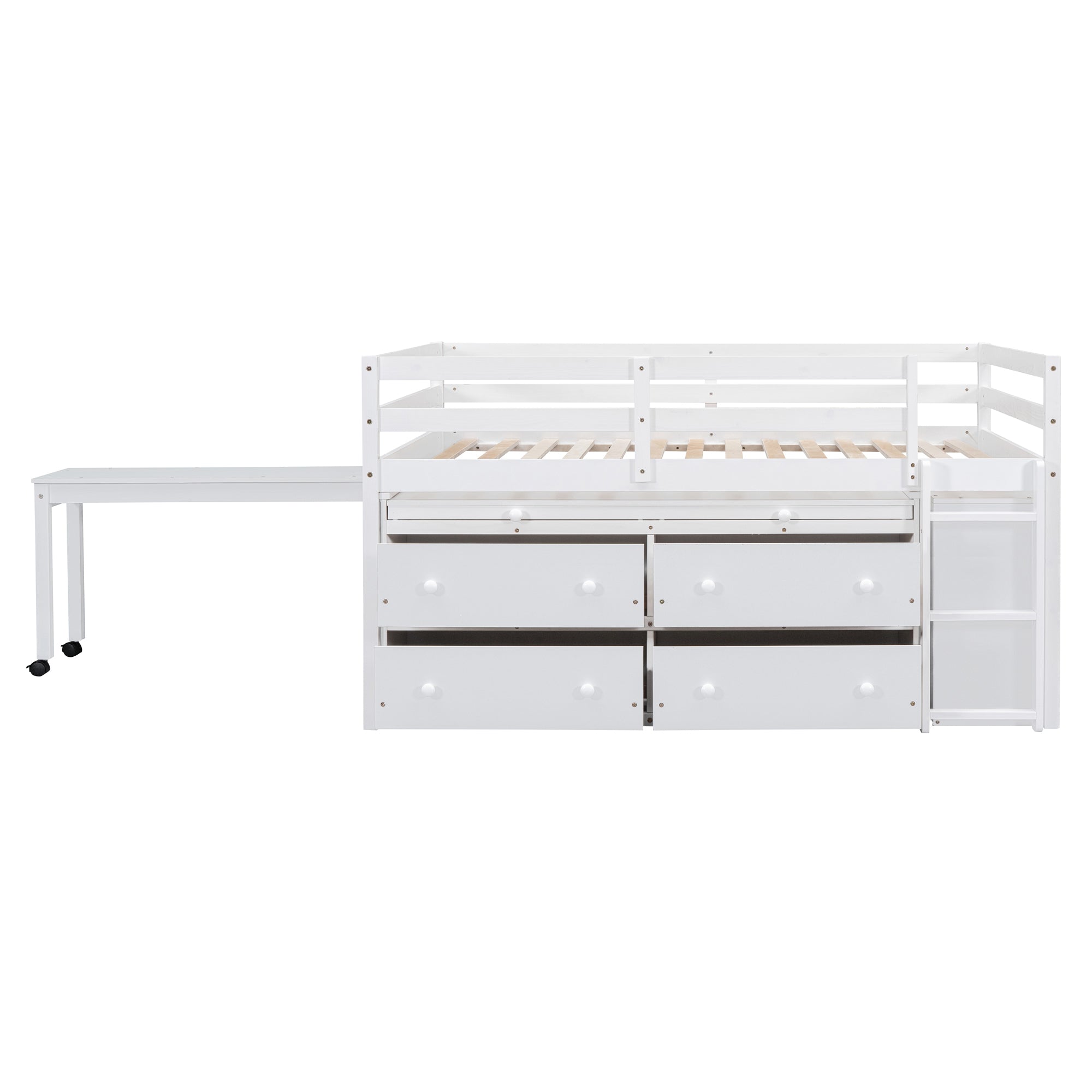 Full Size Loft Bed with Retractable Writing Desk and 4 Drawers, Wooden Loft Bed with Lateral Portable Desk and Shelves, White