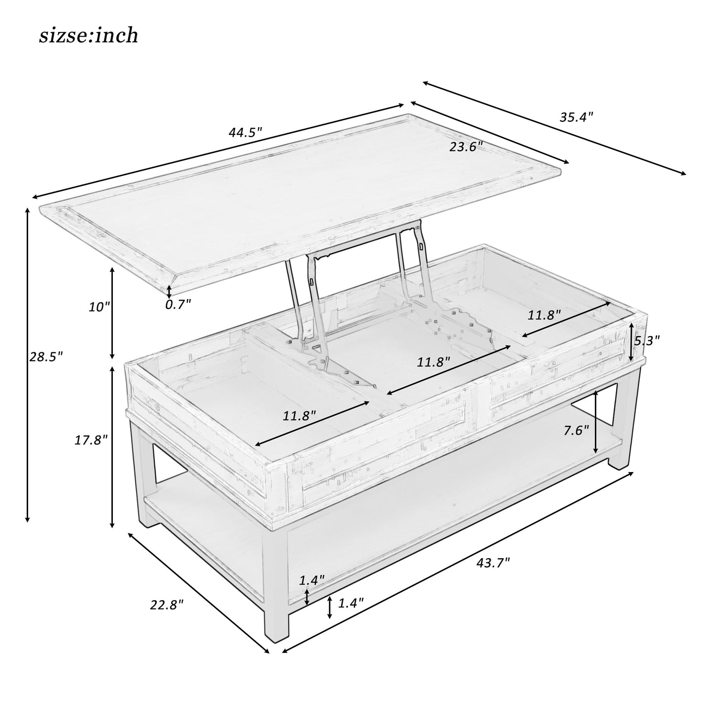 U-style Lift Top Coffee Table with Inner Storage  Space and Shelf (As same As WF198291AAN)