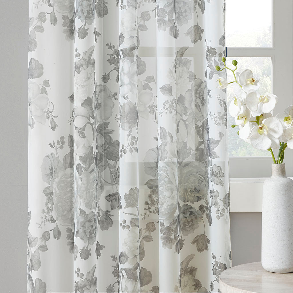 Printed Floral Rod Pocket and Back Tab Voile Sheer Curtain