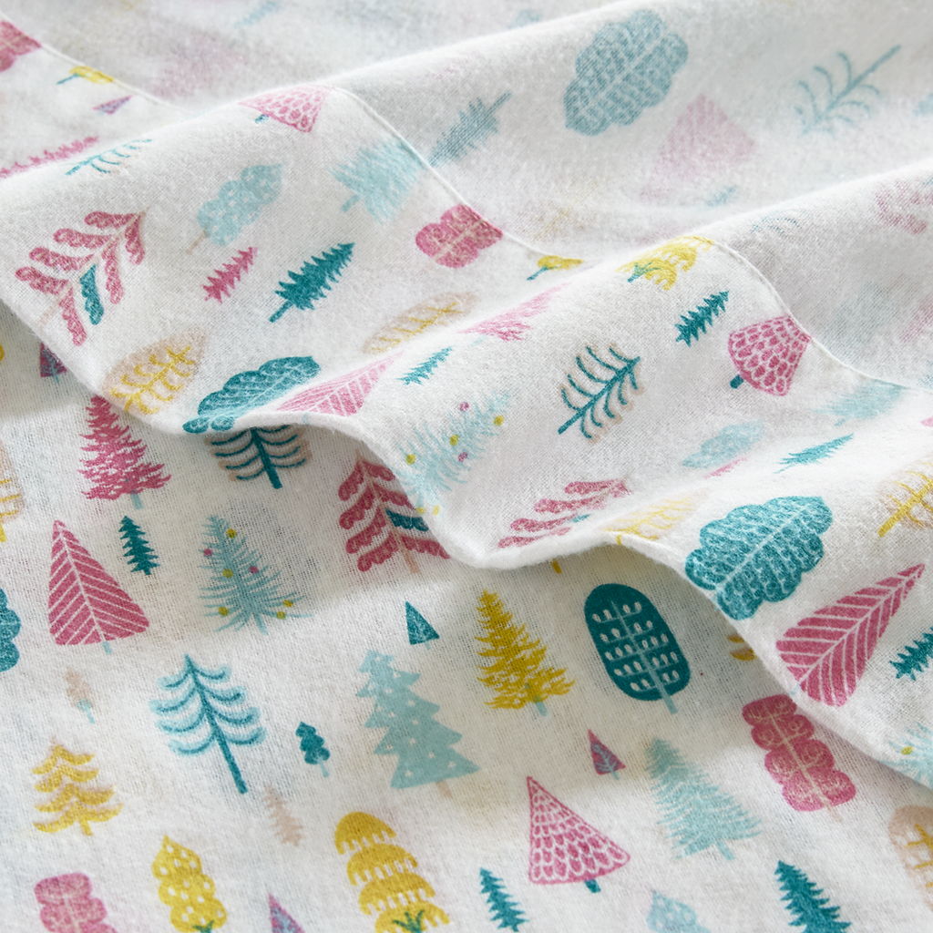 Cozy Soft - 3 Piece Twin Long Flannel Printed Sheet Set - White Holiday Trees