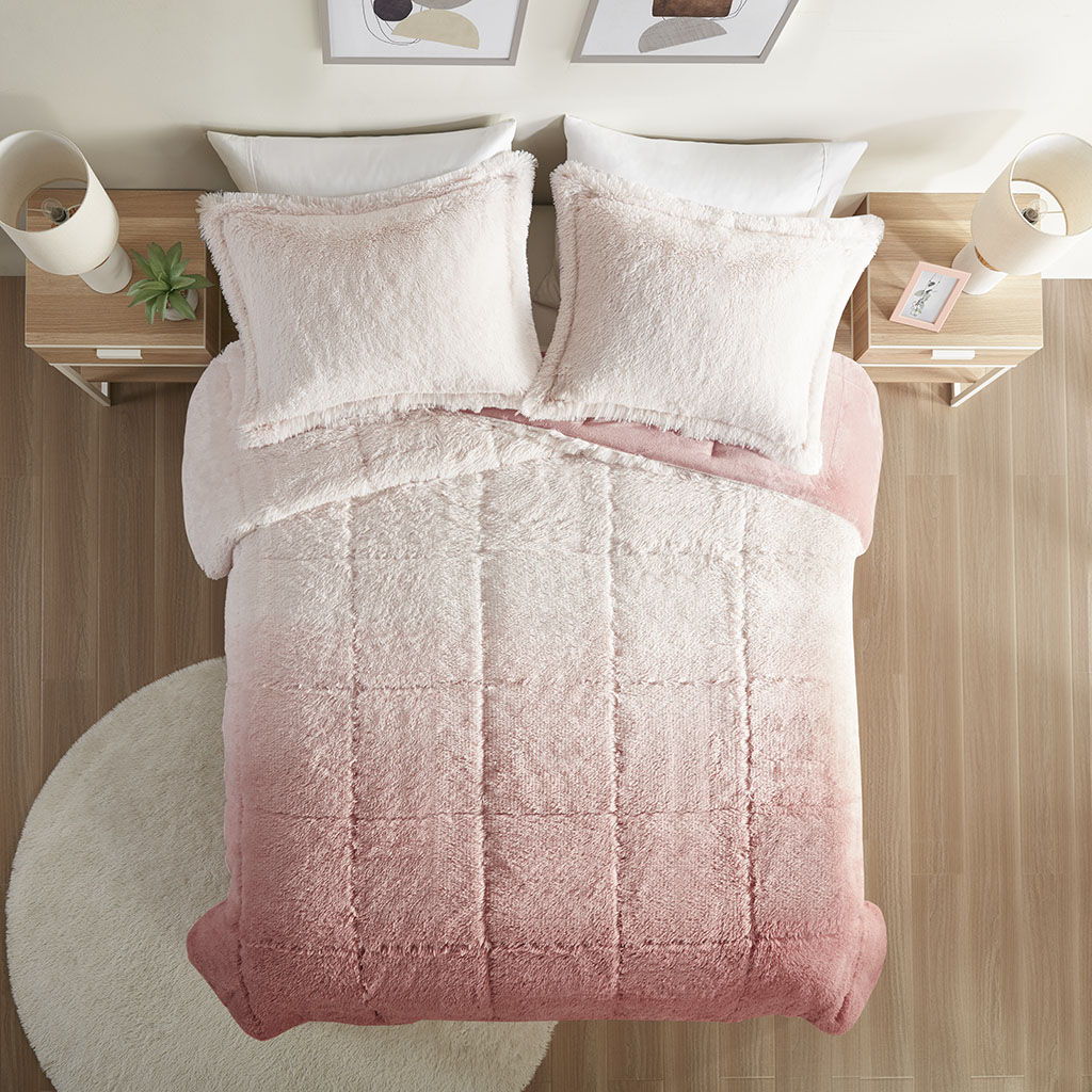 Brielle - King Ombre Shaggy Long Comforter Mini Set - Blush
