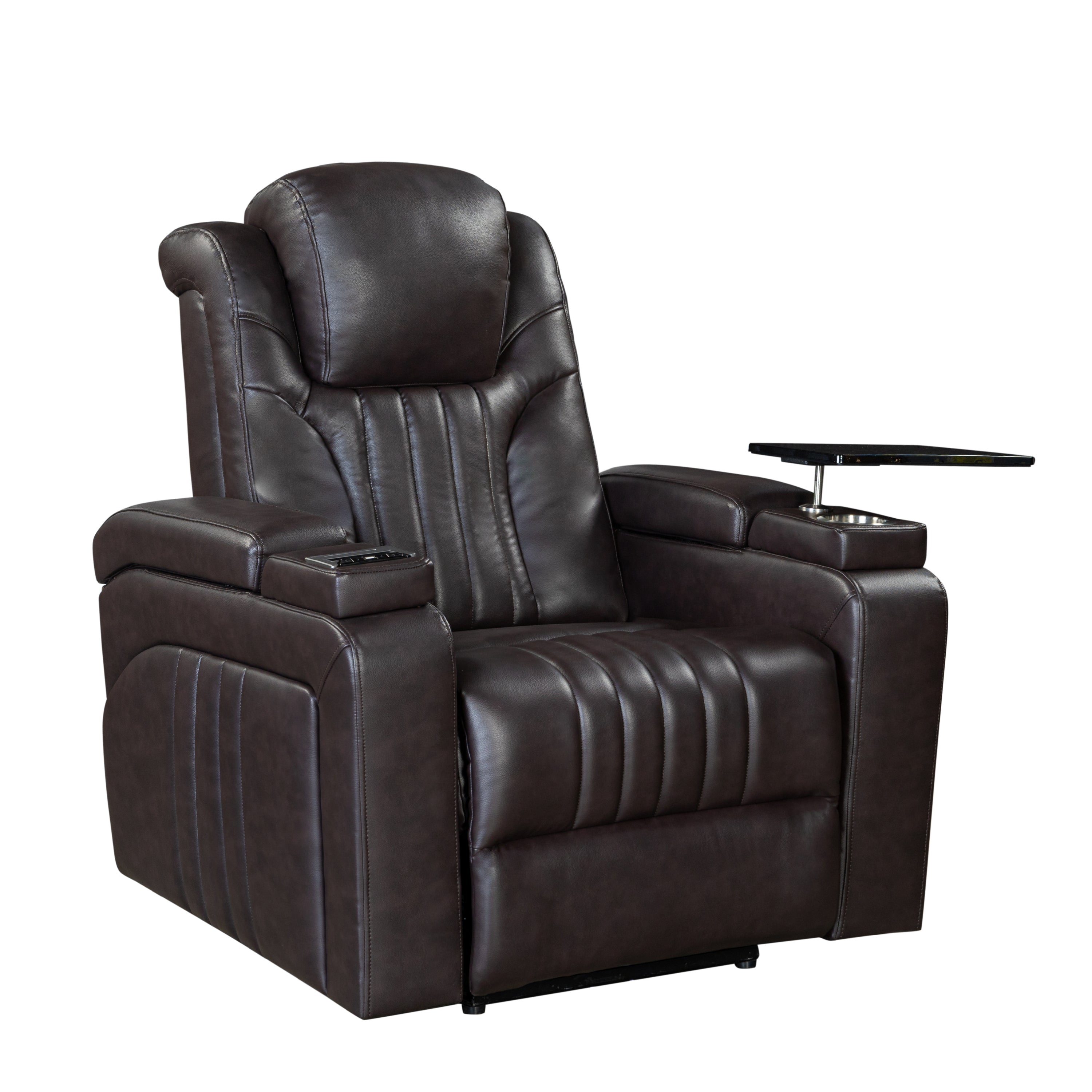 PU Leather Power Recliner Home Theater Recliner with Power Adjustable Headrest, Wireless Charging Device, USB Port, Storage Arms, Cup Holder and Swivel Tray Table for Living Room, Brown