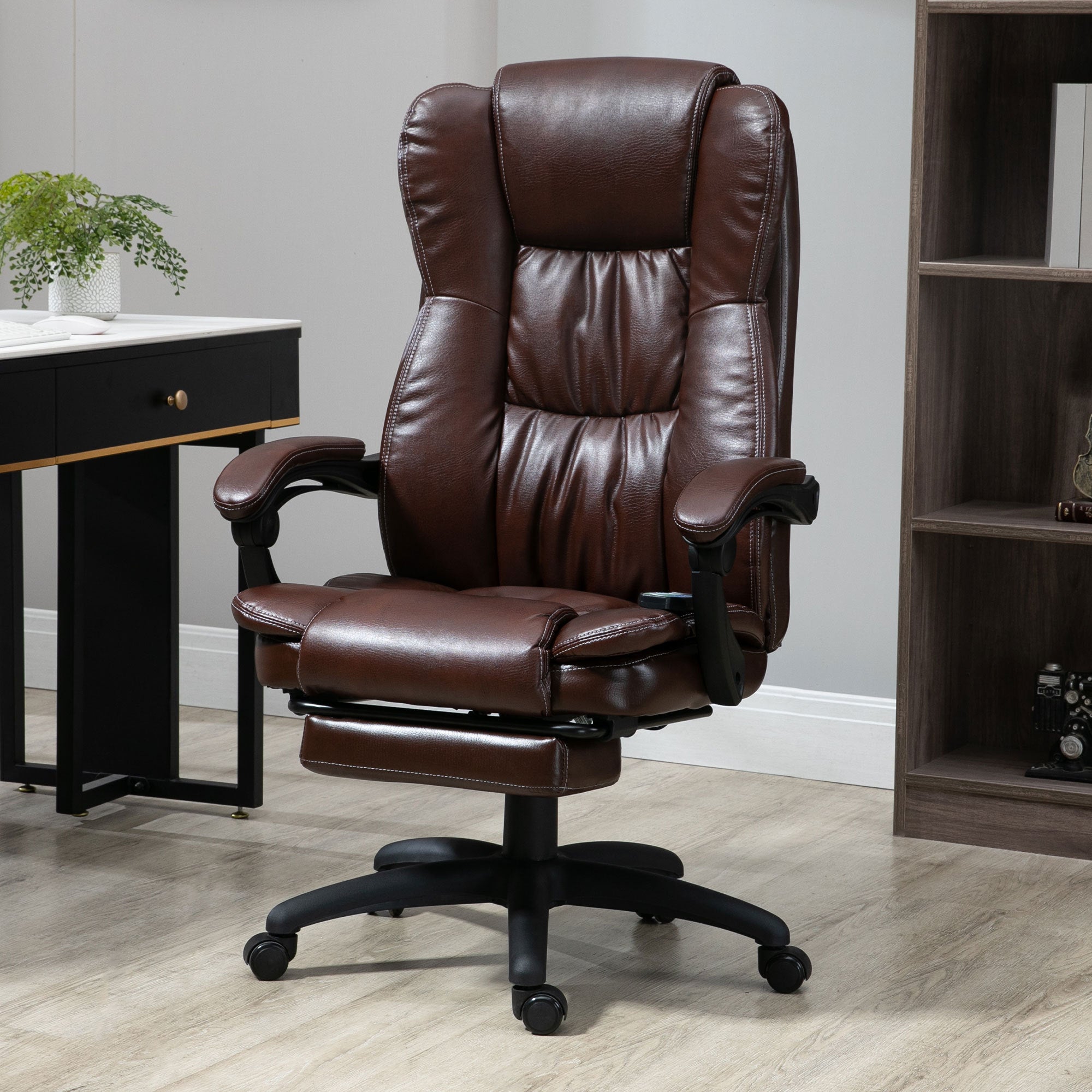 High Back Massage Office Chair with 6-Point Vibration, 5 Modes, Executive Chair, PU Leather Swivel Chair with Reclining Back, and Retractable Footrest, Brown