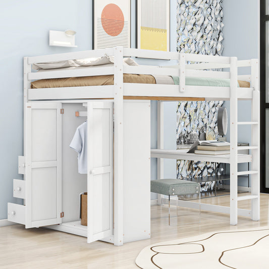 Wood Full Size Loft Bed with Built-in Wardrobe, Desk, Storage Shelves and Drawers, White