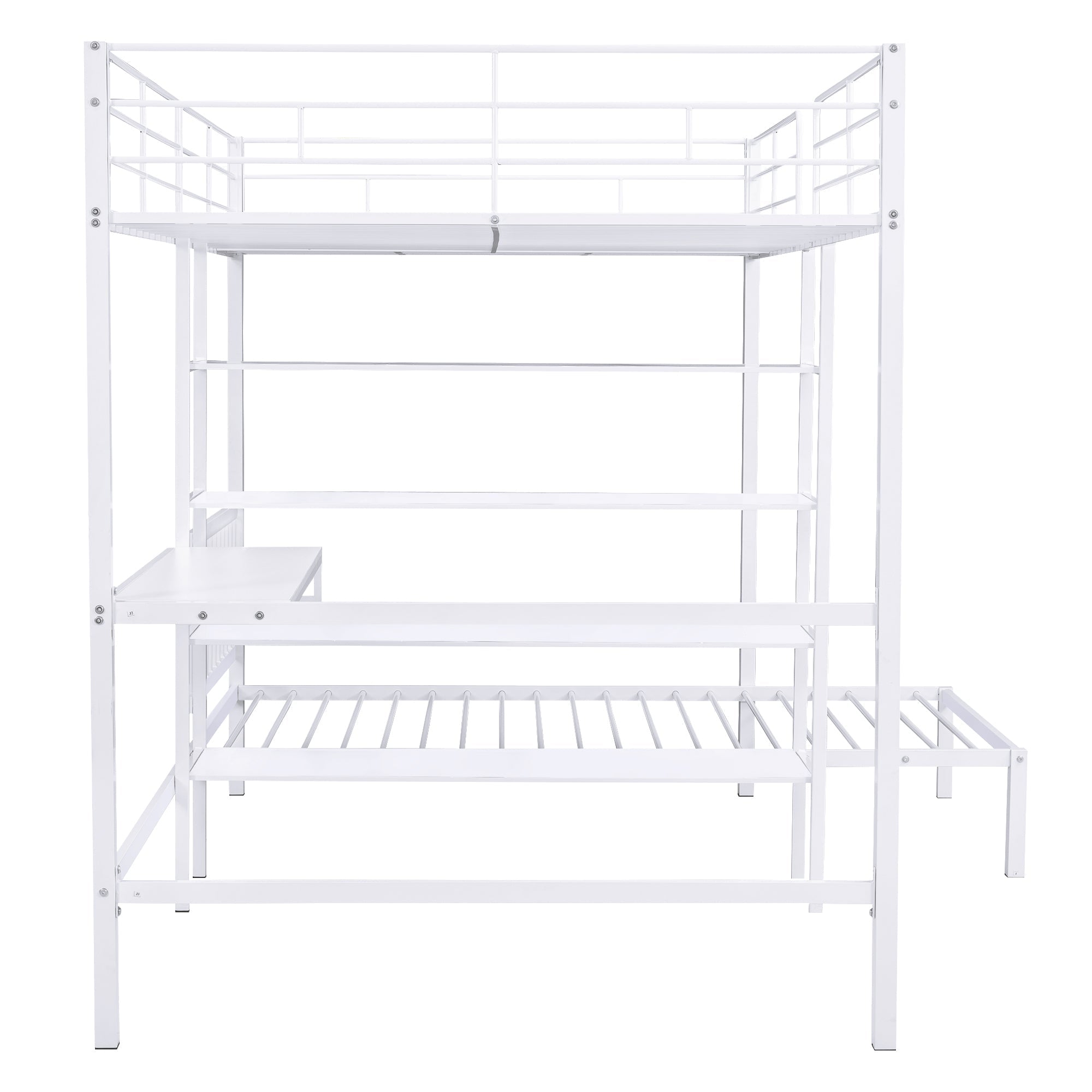 Full Over Twin Metal Bunk Bed with Built-in Desk, Shelves and Ladder, White